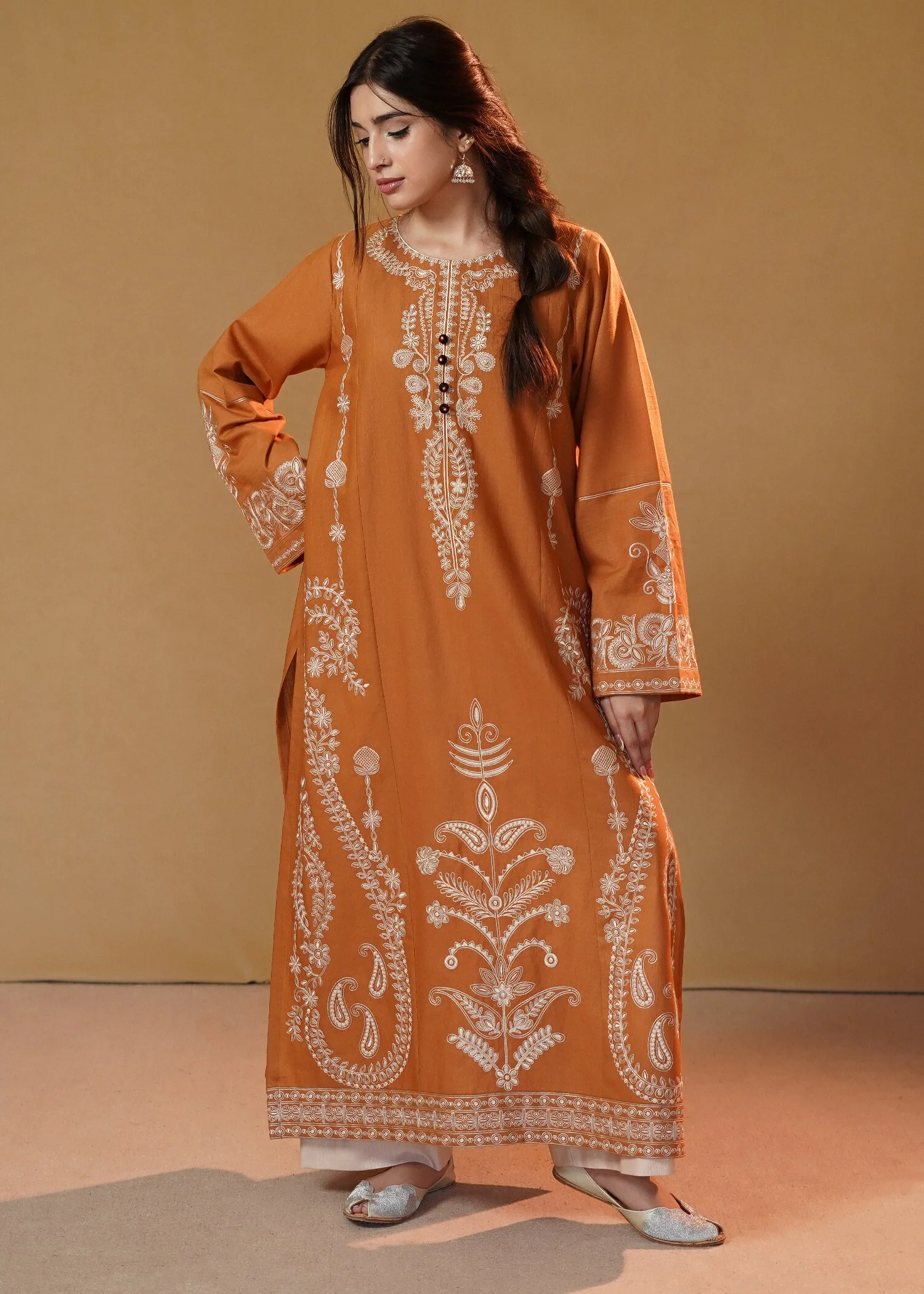 slub khaddar Kurta Set in Rust orange - view 2