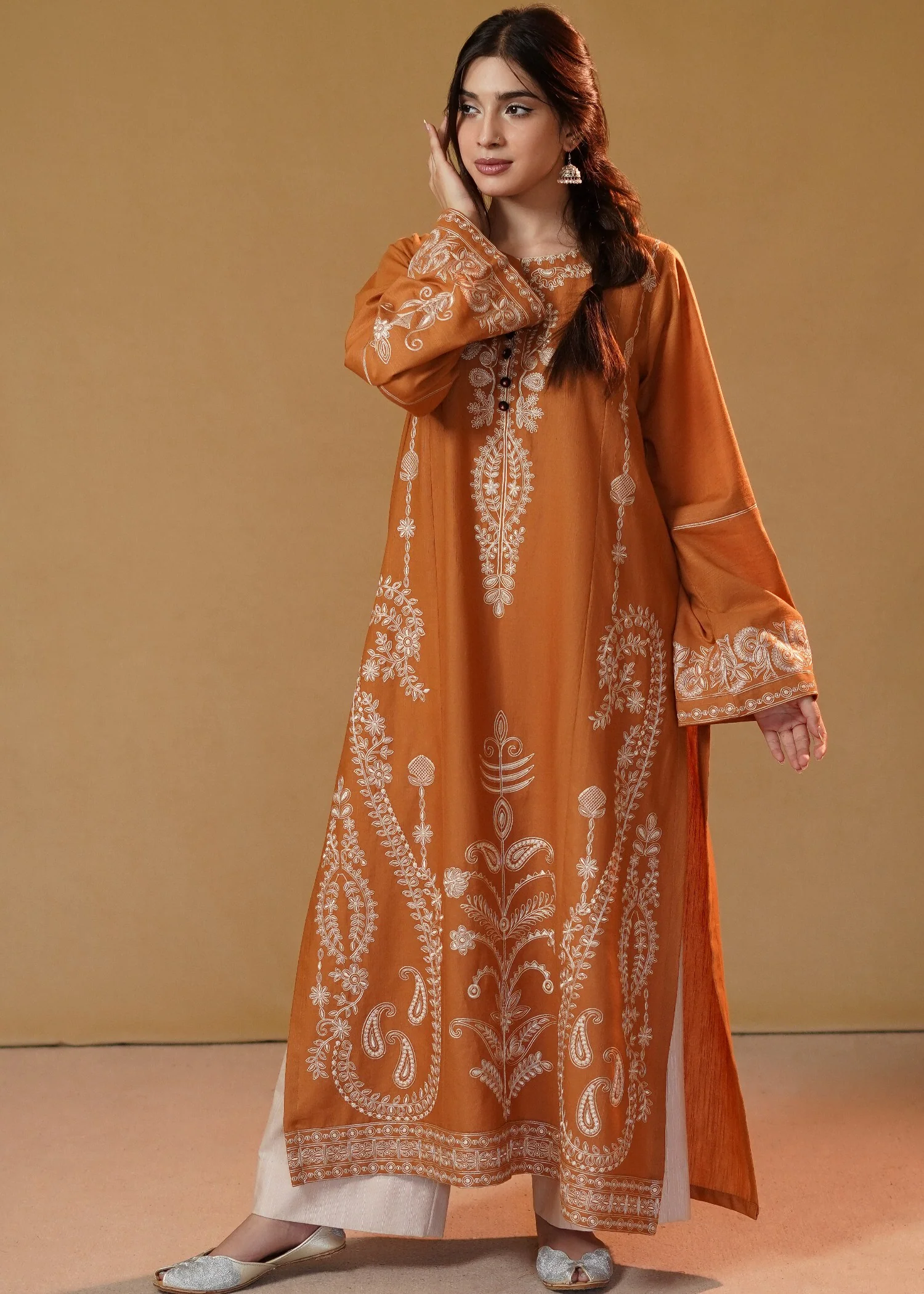 slub khaddar Kurta Set in Rust orange - view 5