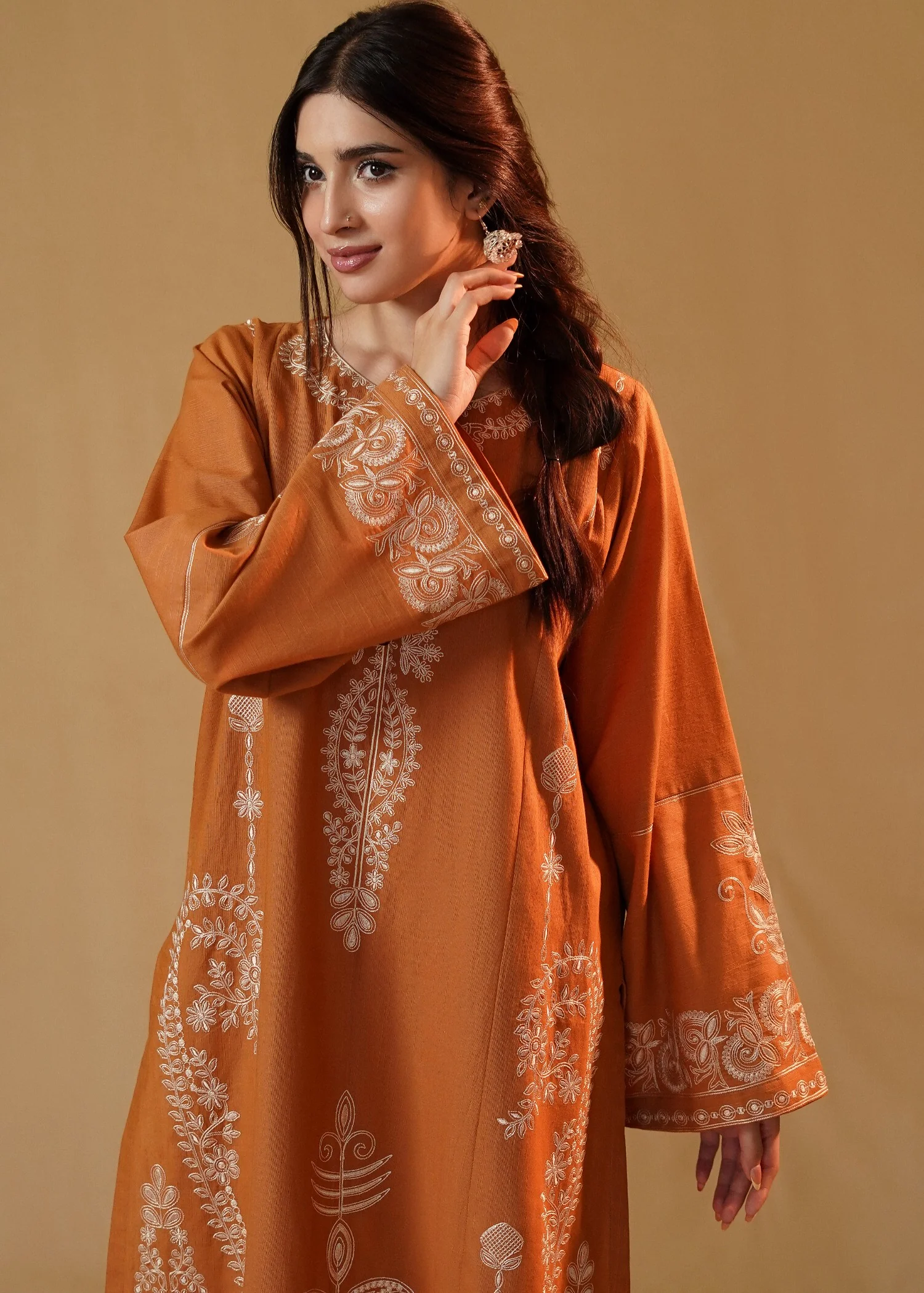 slub khaddar Kurta Set in Rust orange - view 7