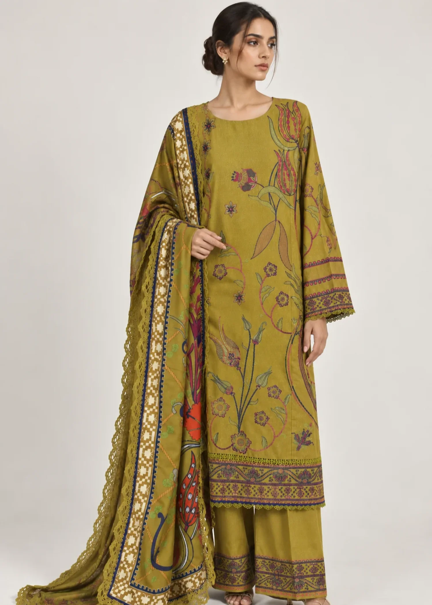 khaddar Kurta Set in Apple green