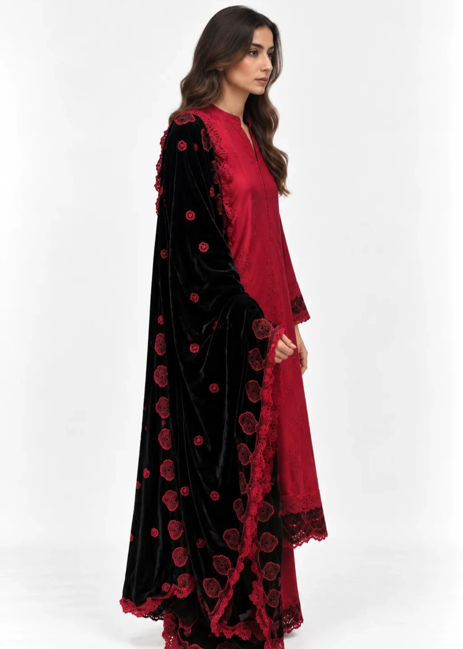 khaddar Kurta Set in Red - view 3