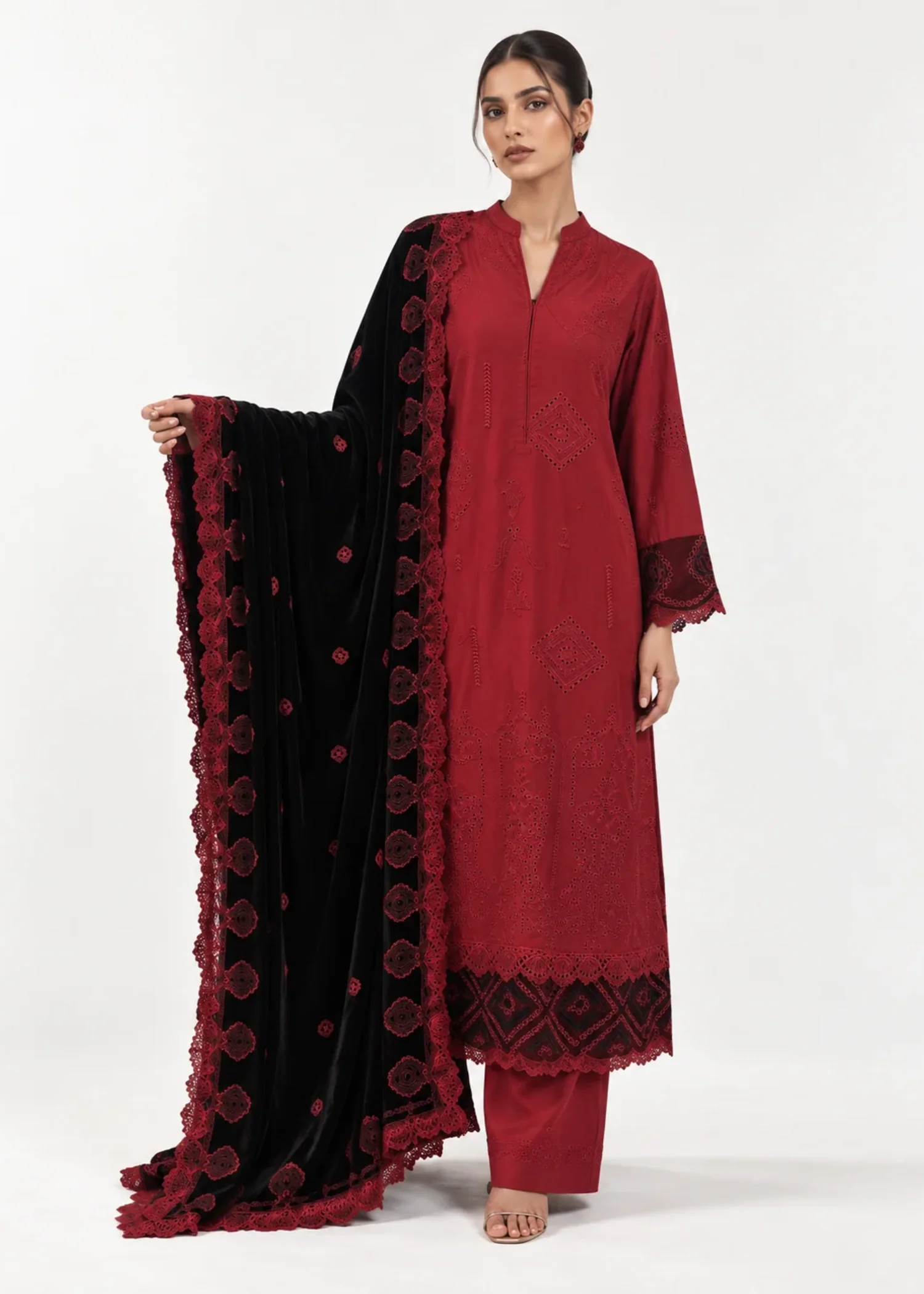 khaddar Kurta Set in Red