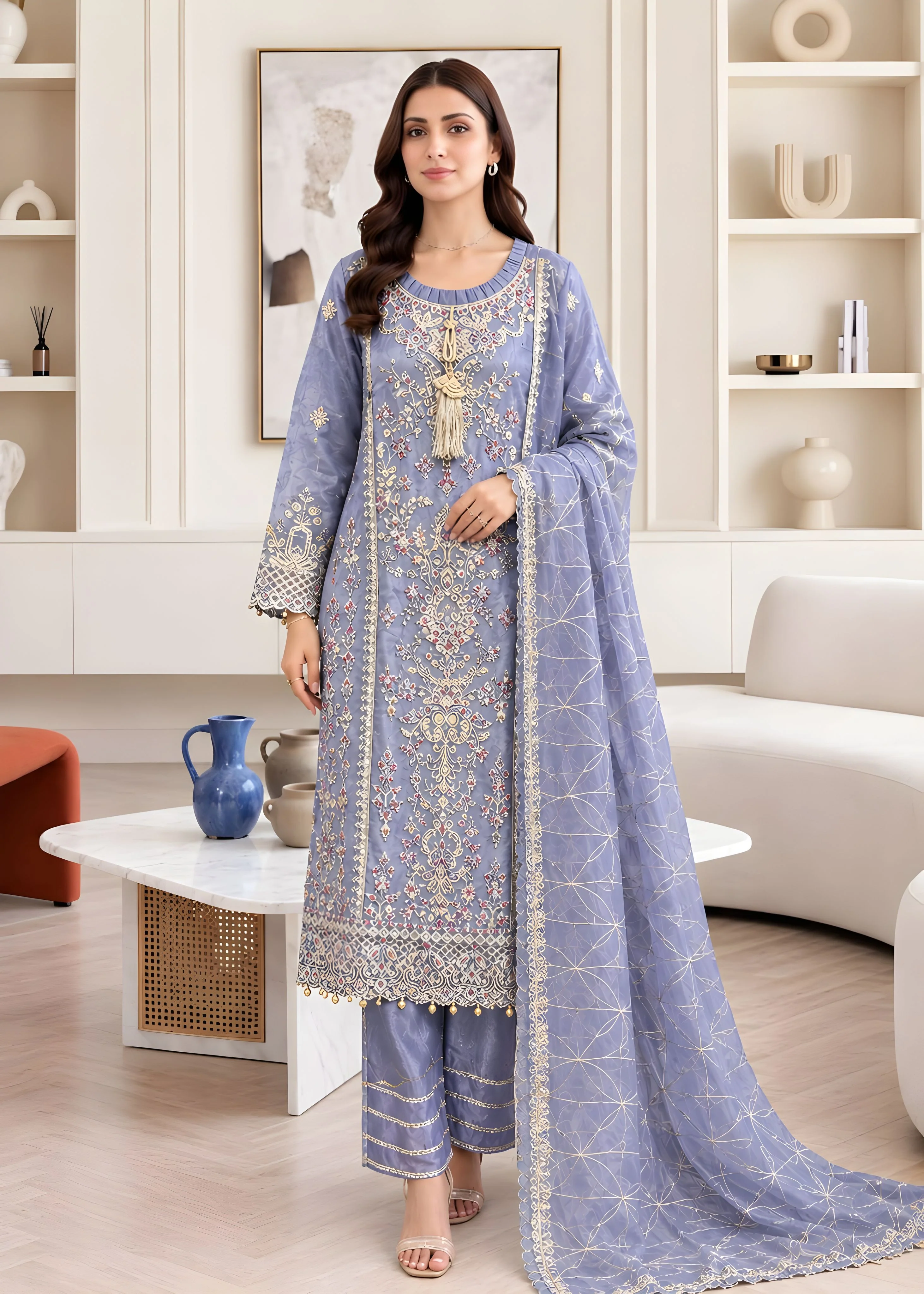 tissue Kurta Set in Heather - view 3
