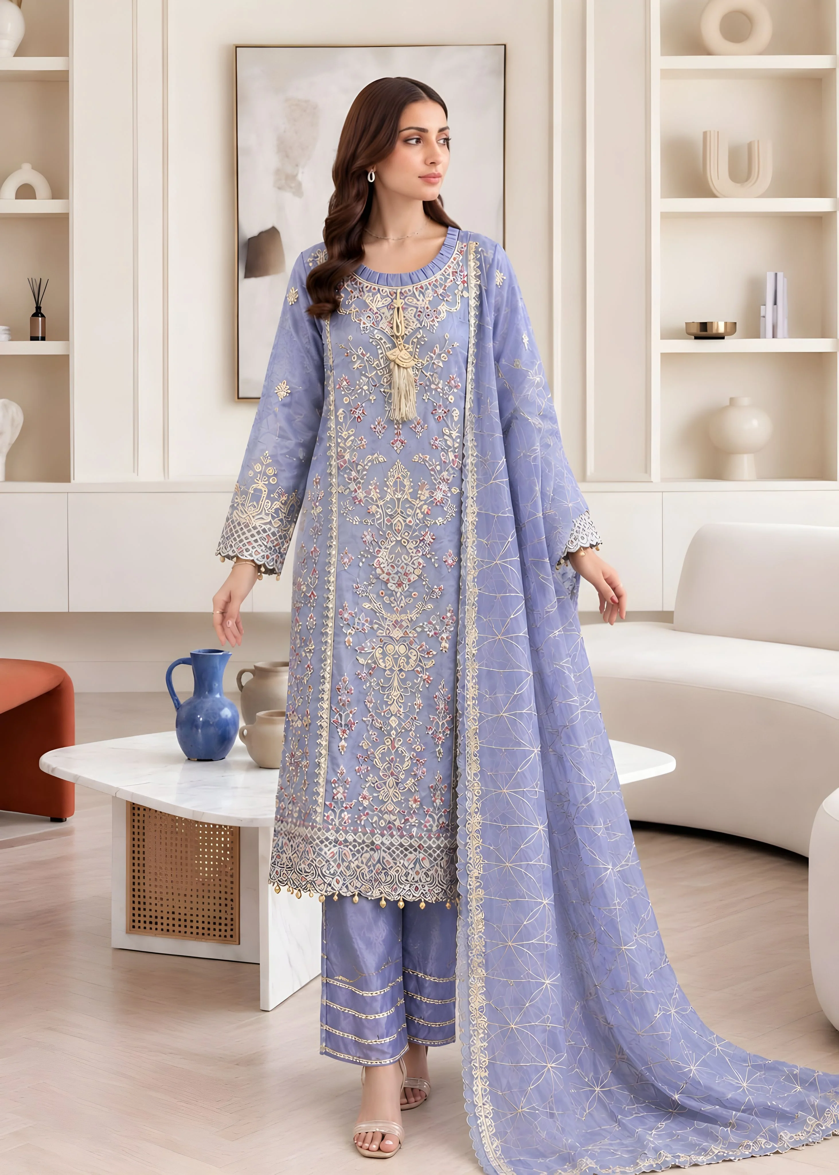 tissue Kurta Set in Heather
