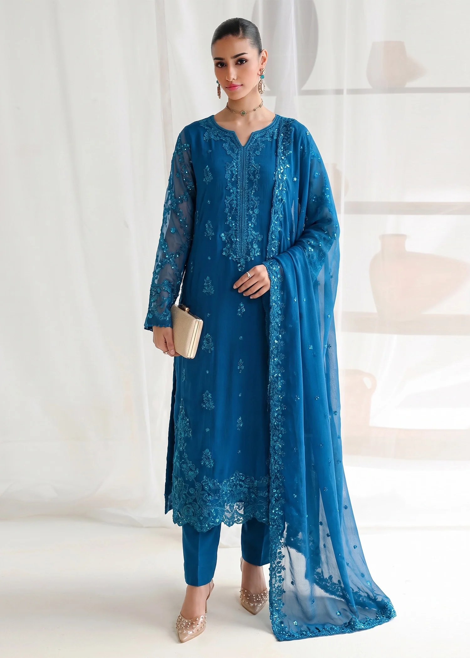 chiffon Kurta Set in Teal