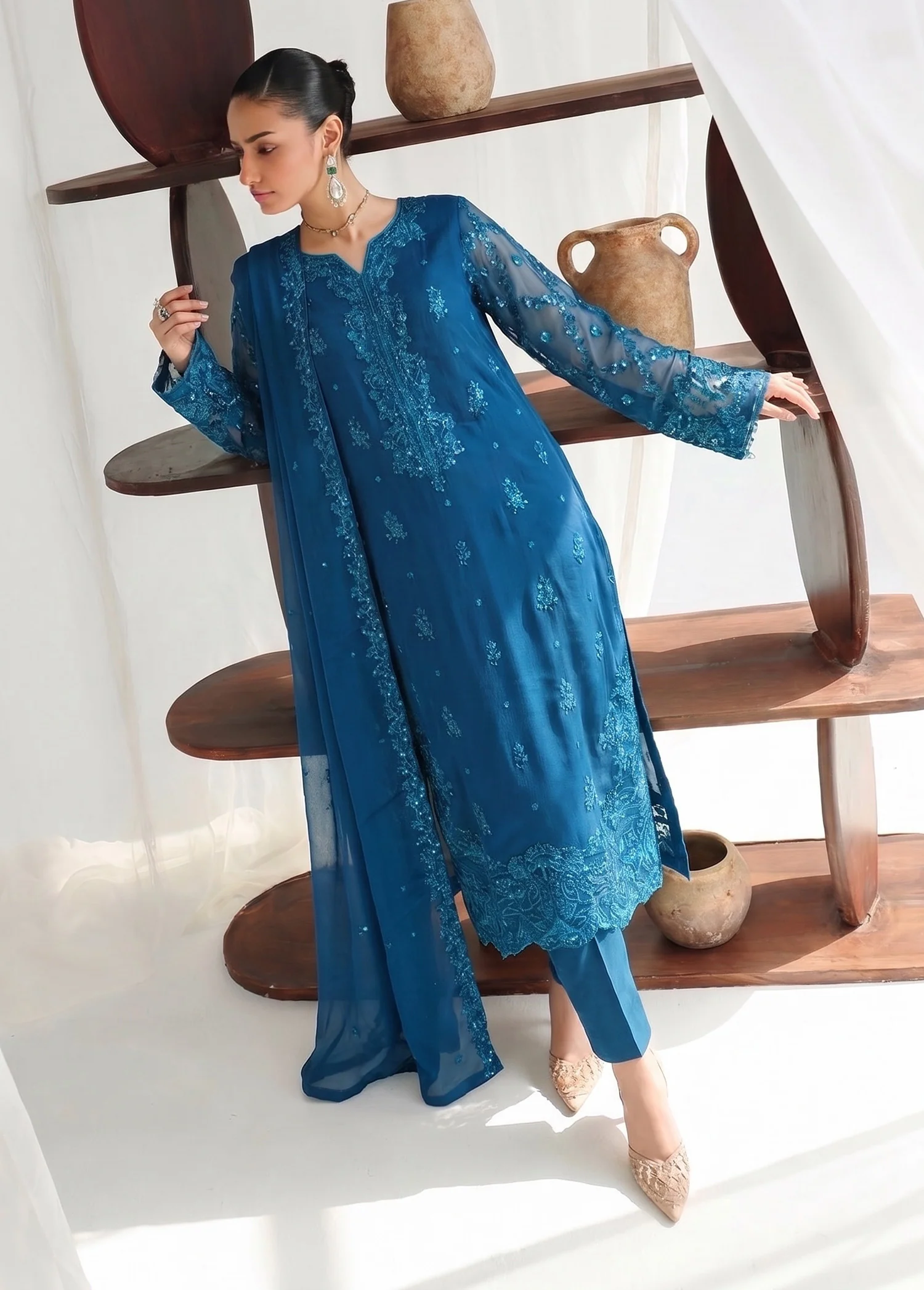 chiffon Kurta Set in Teal - view 3