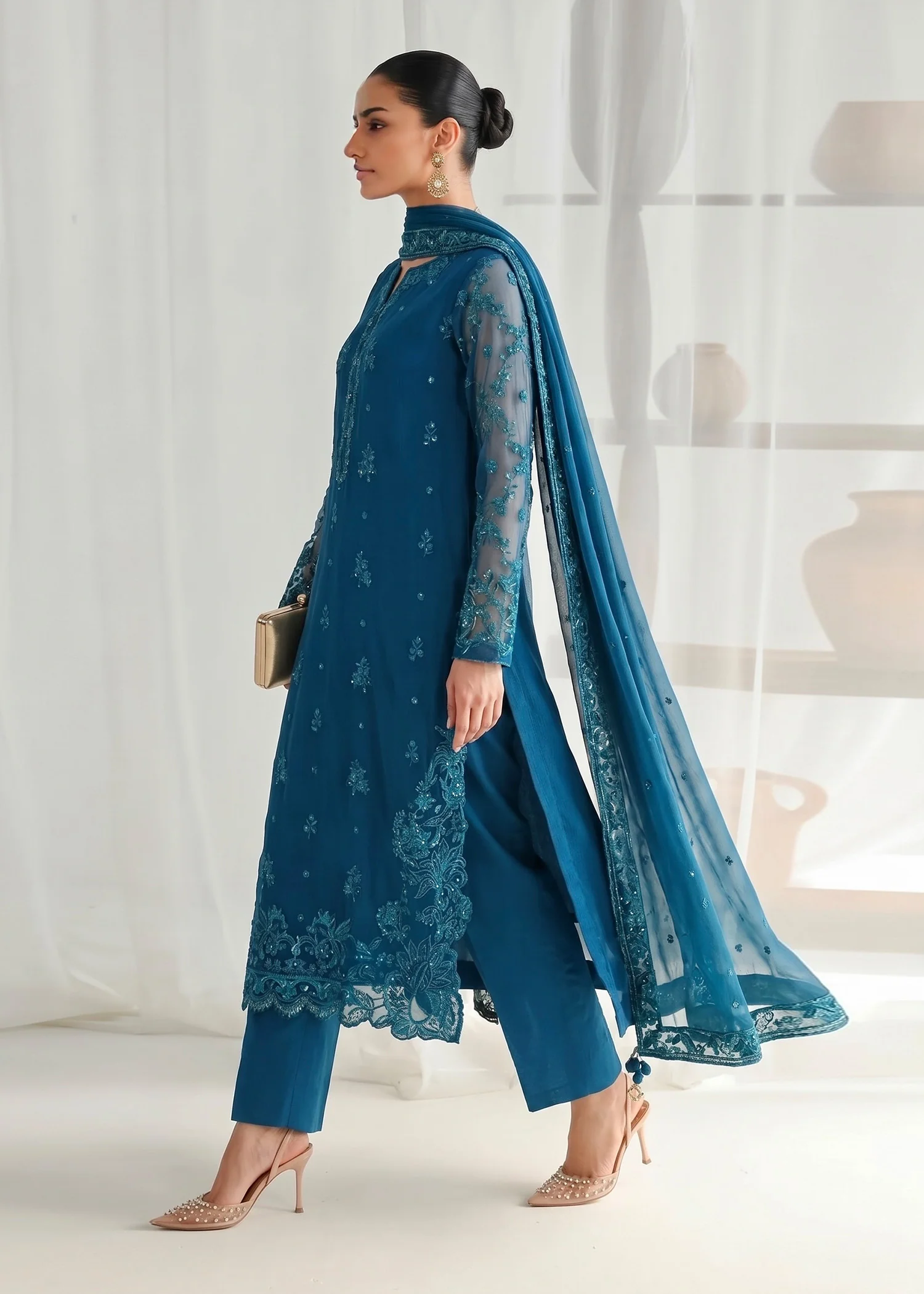 chiffon Kurta Set in Teal - view 4
