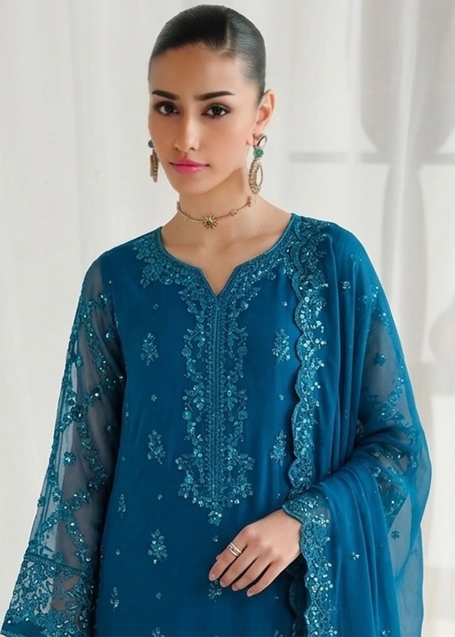 chiffon Kurta Set in Teal - view 2