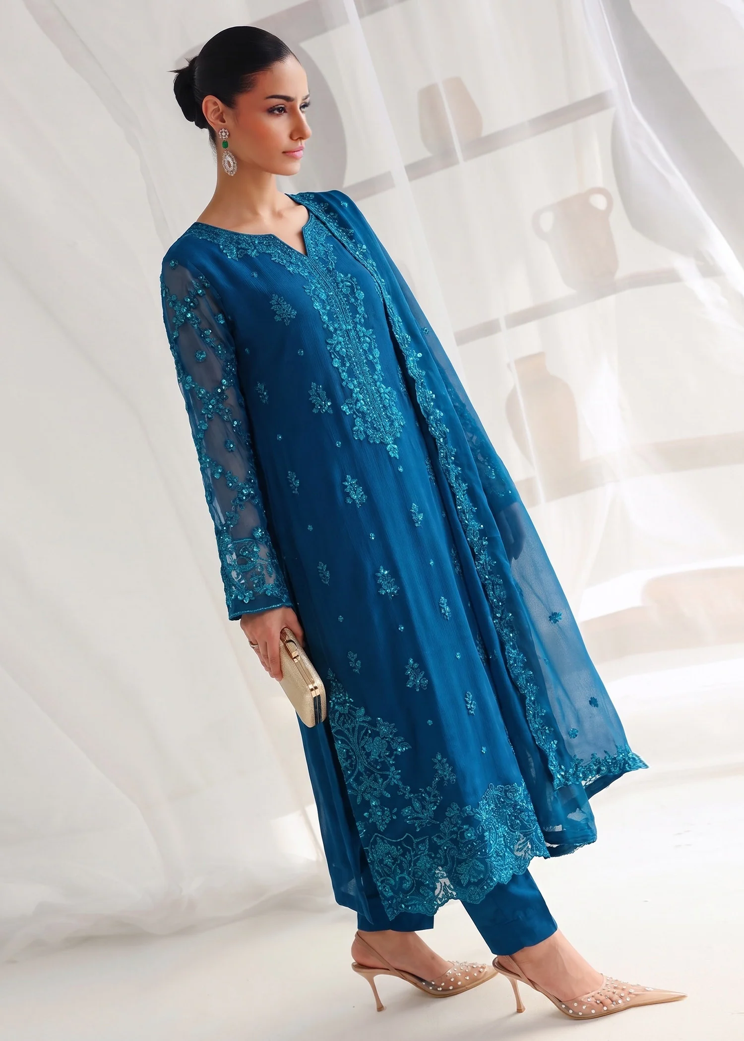 chiffon Kurta Set in Teal - view 5