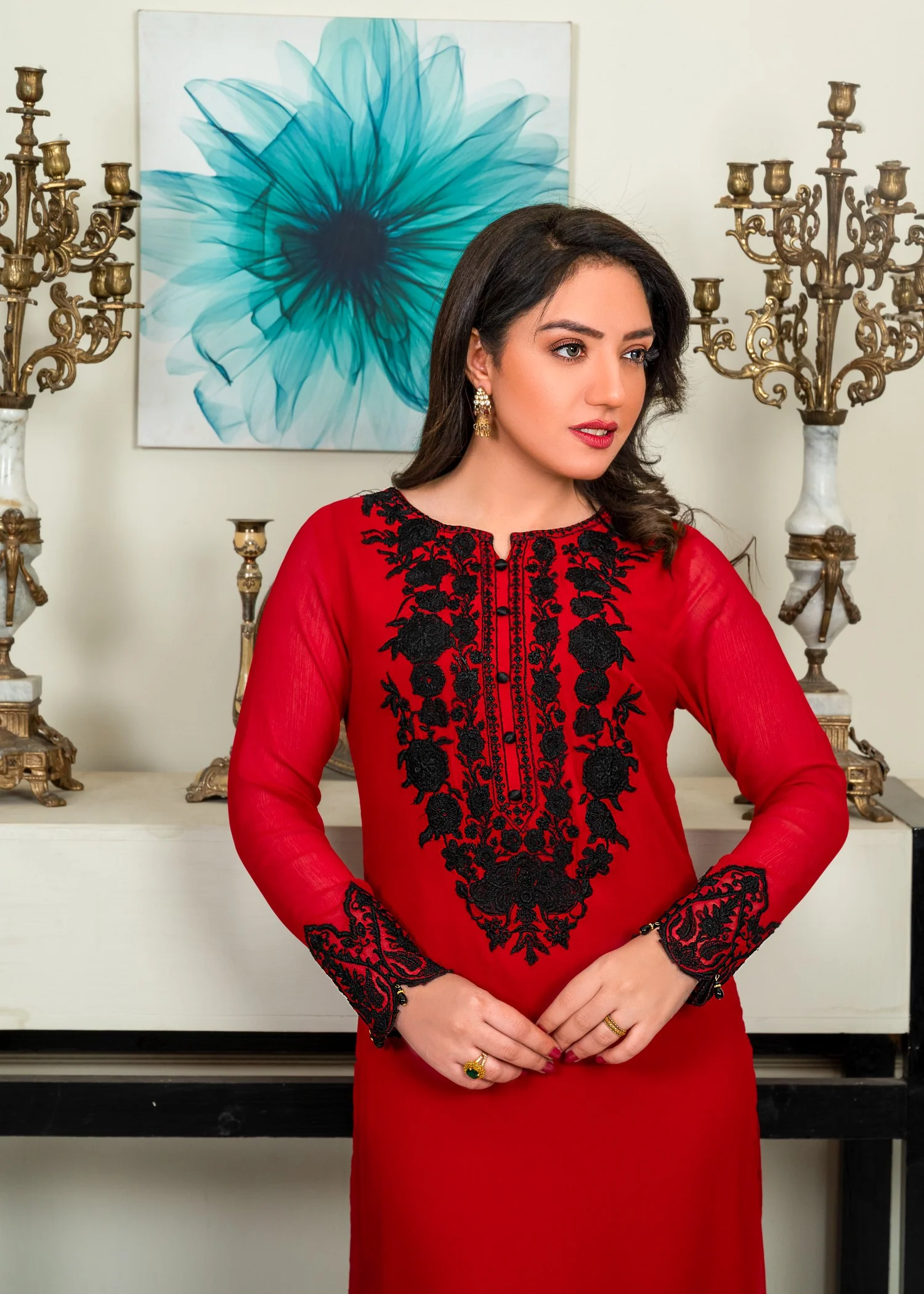 bemberg crinkle chiffon Kurta Set in Blood red - view 6