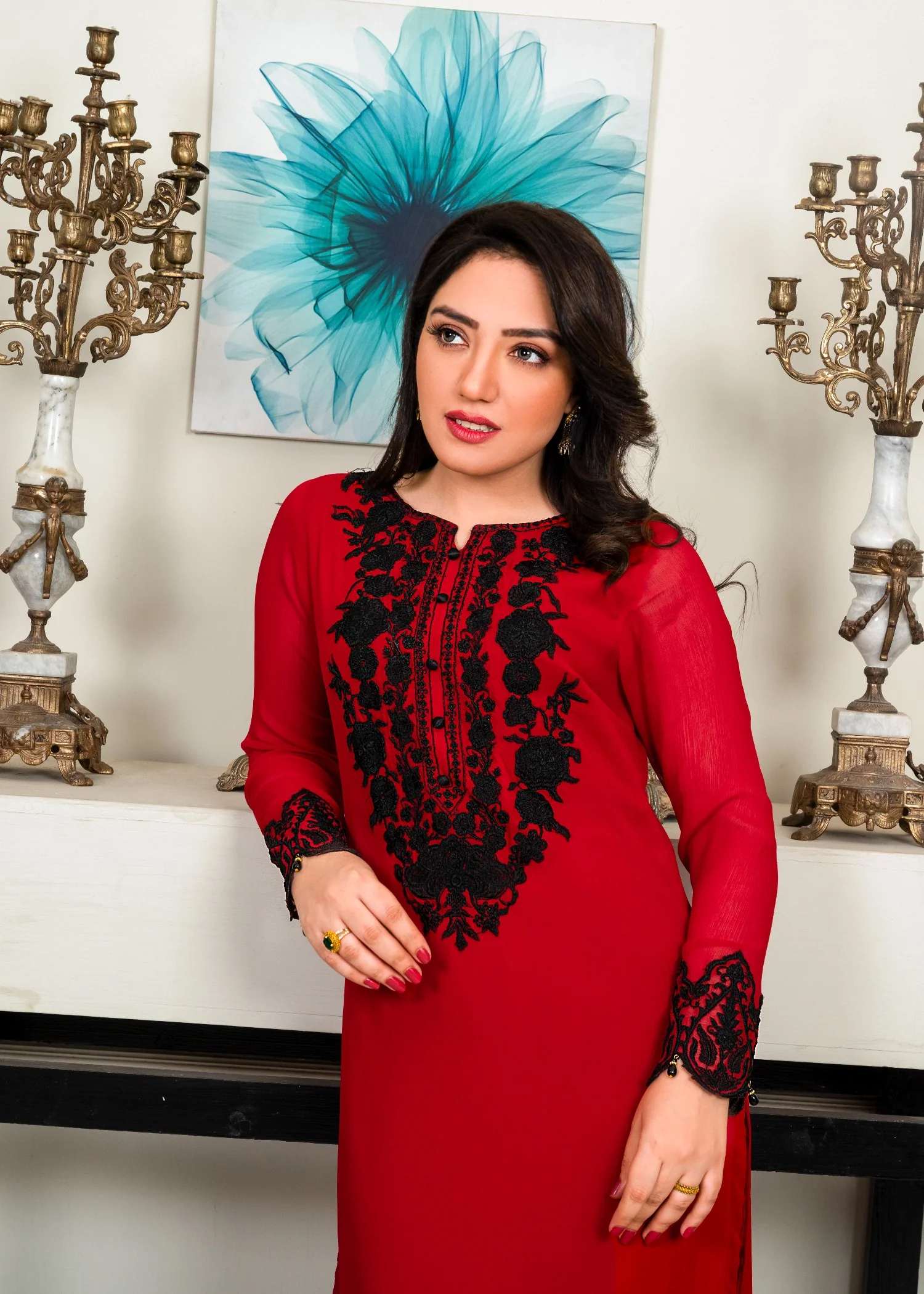 bemberg crinkle chiffon Kurta Set in Blood red - view 7