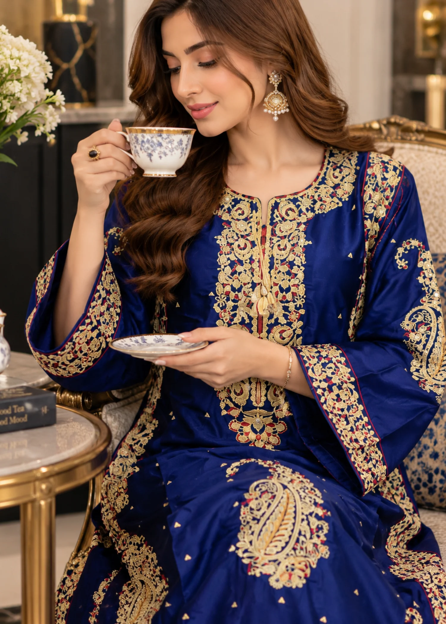 silk charmeuse Kaftan in Navy blue - view 3