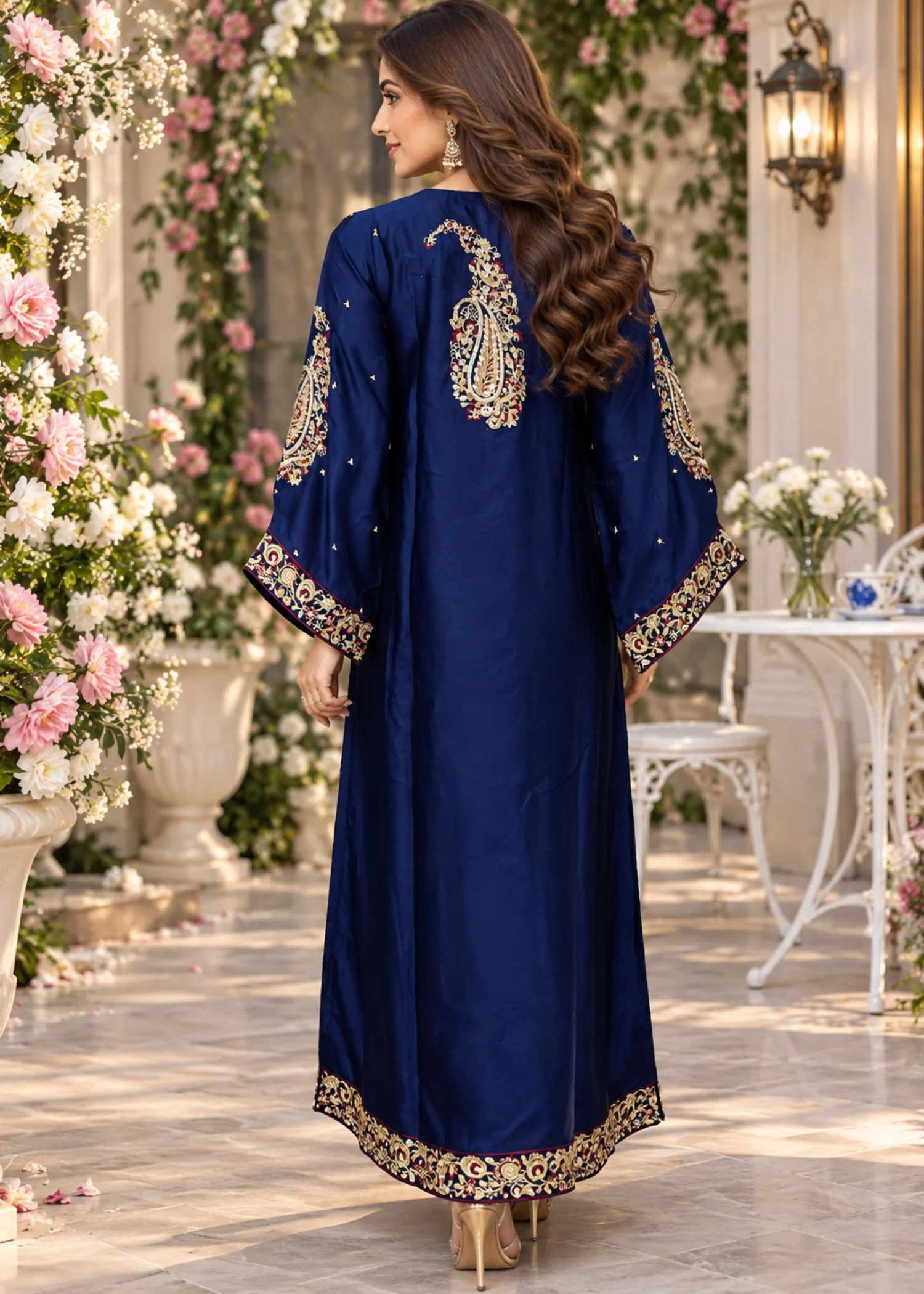 silk charmeuse Kaftan in Navy blue - view 2