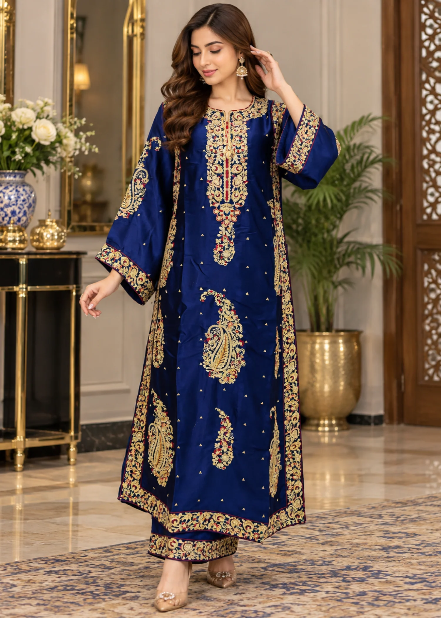 silk charmeuse Kaftan in Navy blue