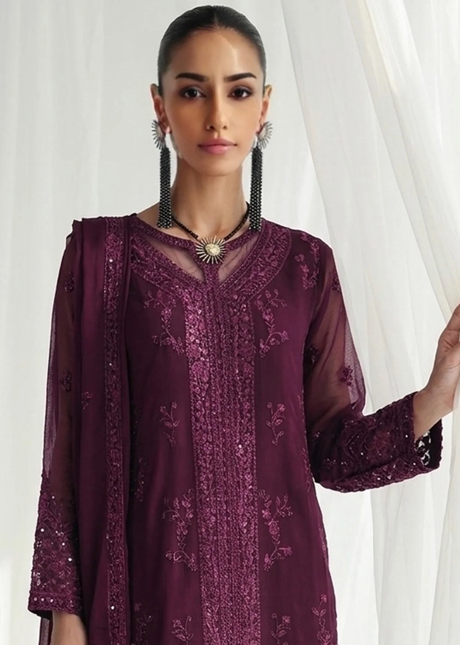 chiffon Kurta Set in Plum - view 6