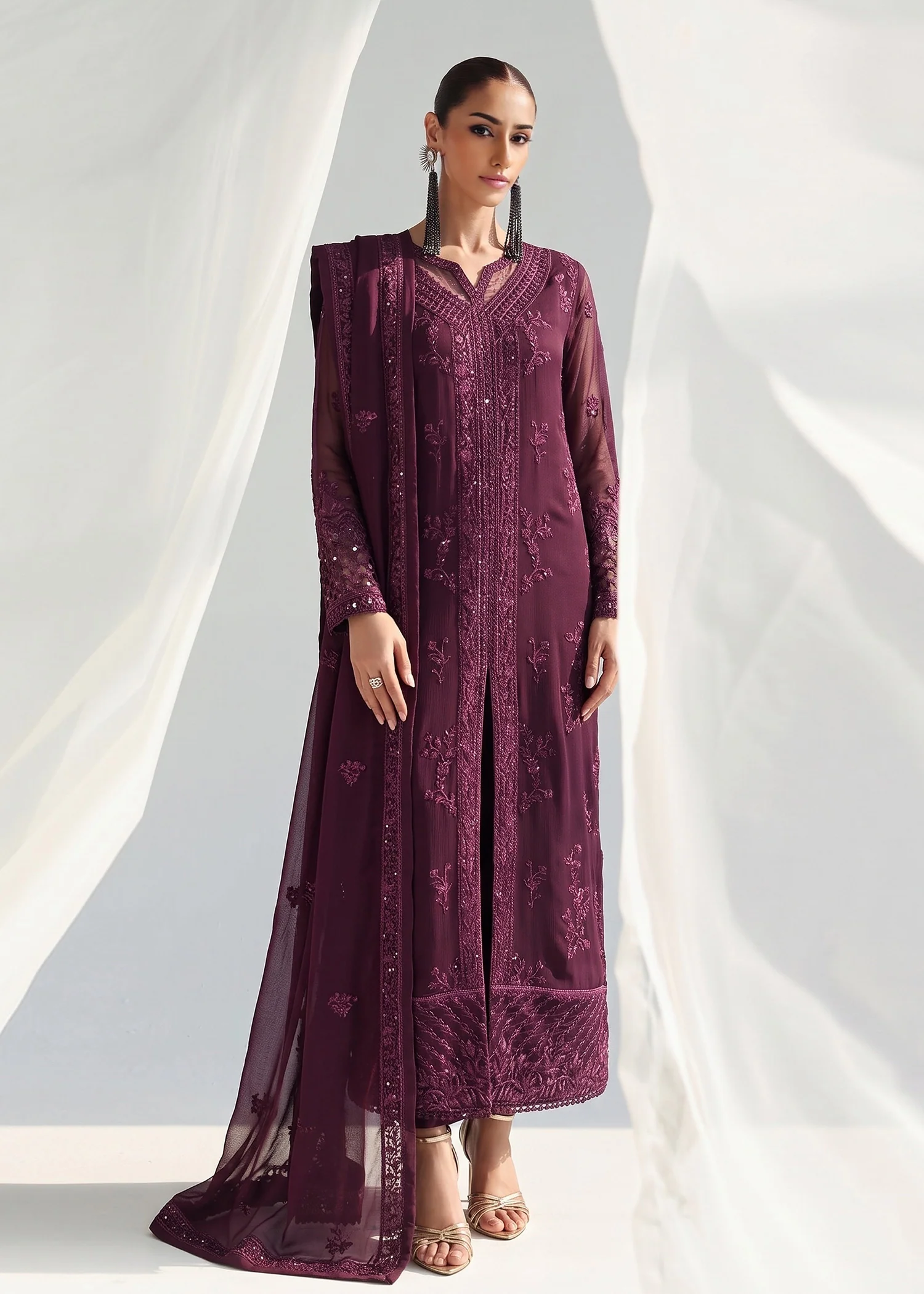 chiffon Kurta Set in Plum - view 3