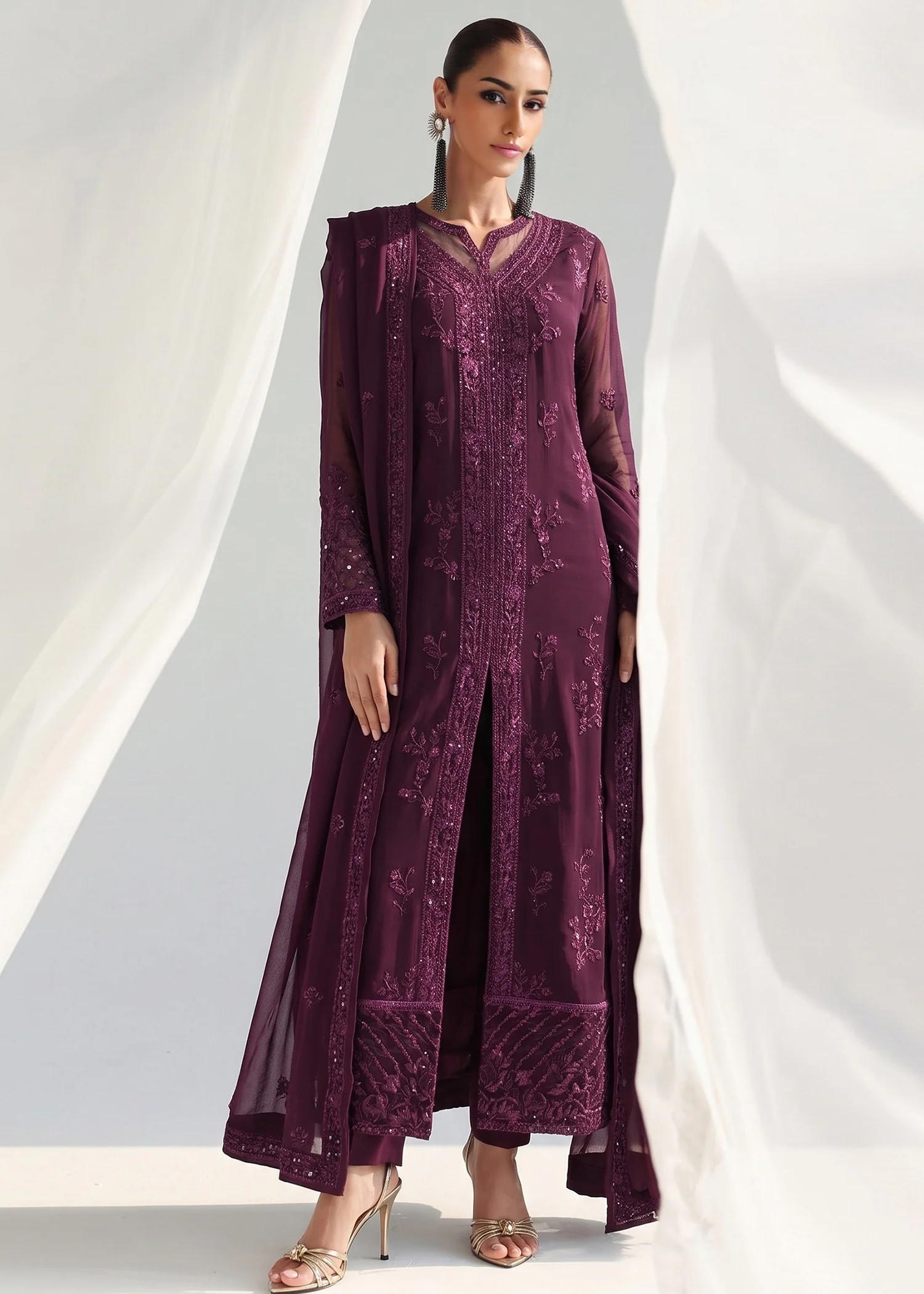chiffon Kurta Set in Plum