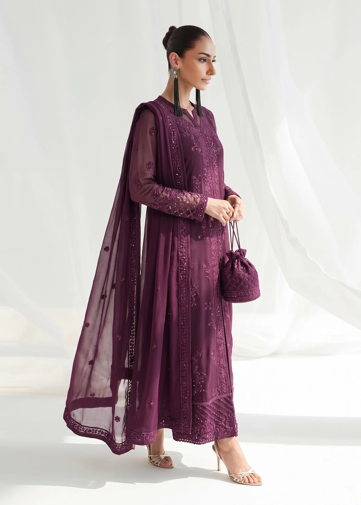 chiffon Kurta Set in Plum - view 4
