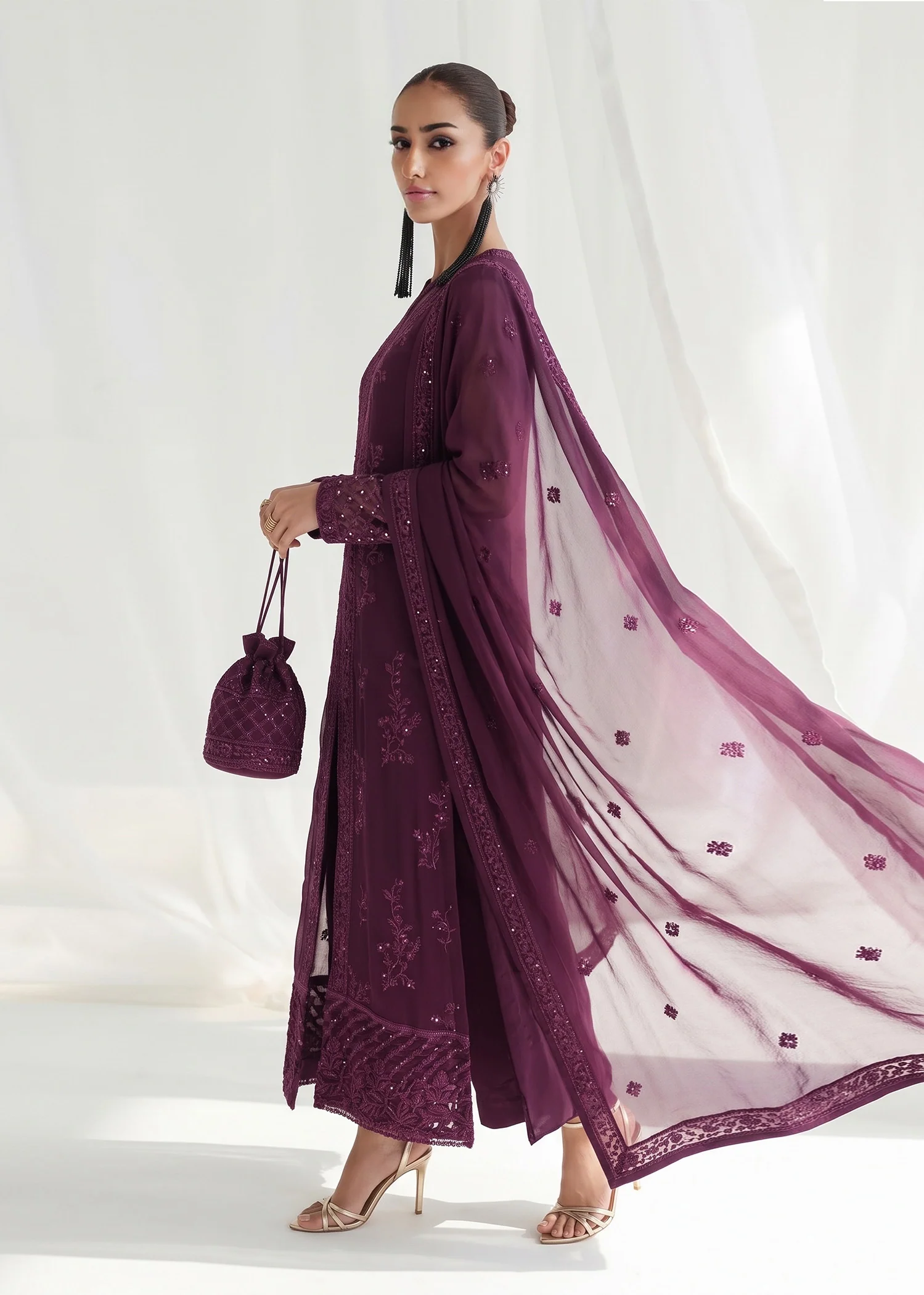 chiffon Kurta Set in Plum - view 5