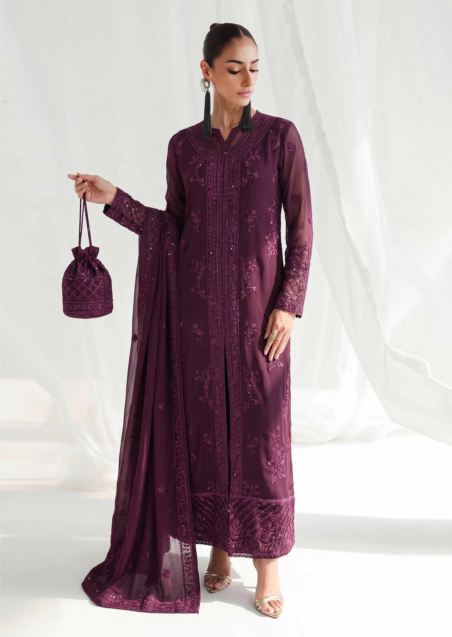 chiffon Kurta Set in Plum - view 2