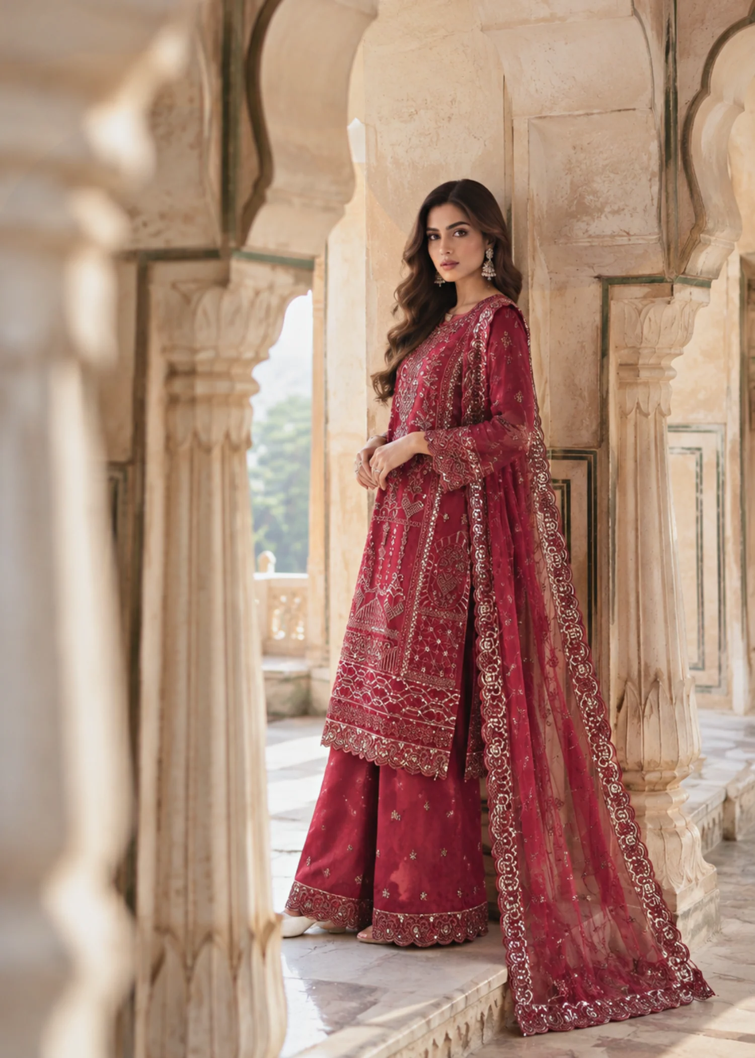 organza Kurta Set in Berry red - view 2