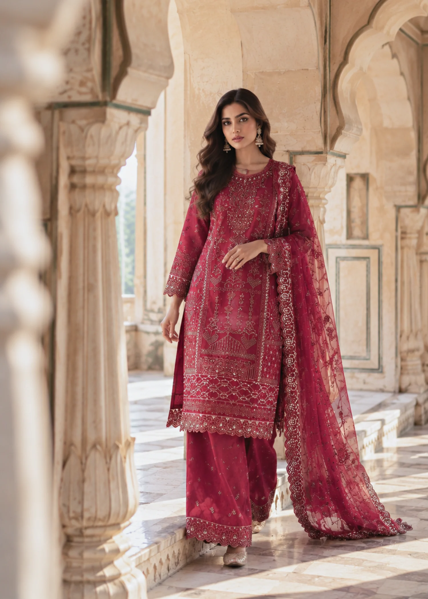 organza Kurta Set in Berry red