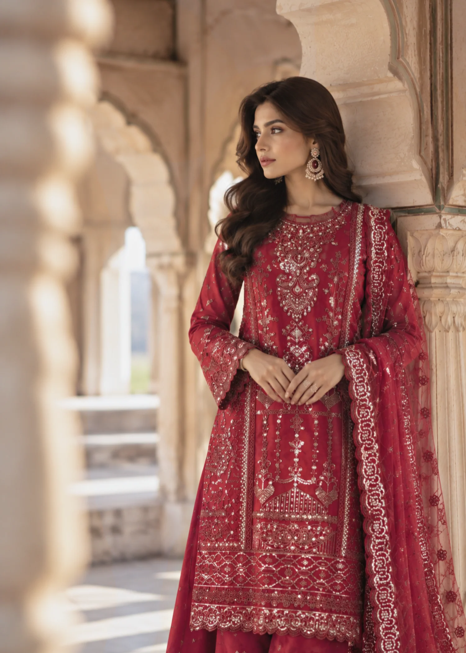 organza Kurta Set in Berry red - view 3
