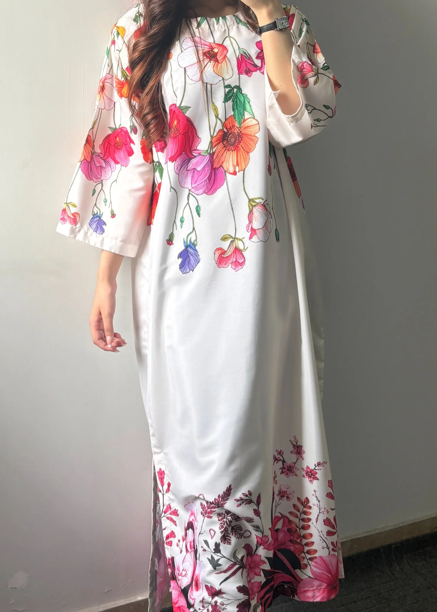 silk Kaftan in Floral white