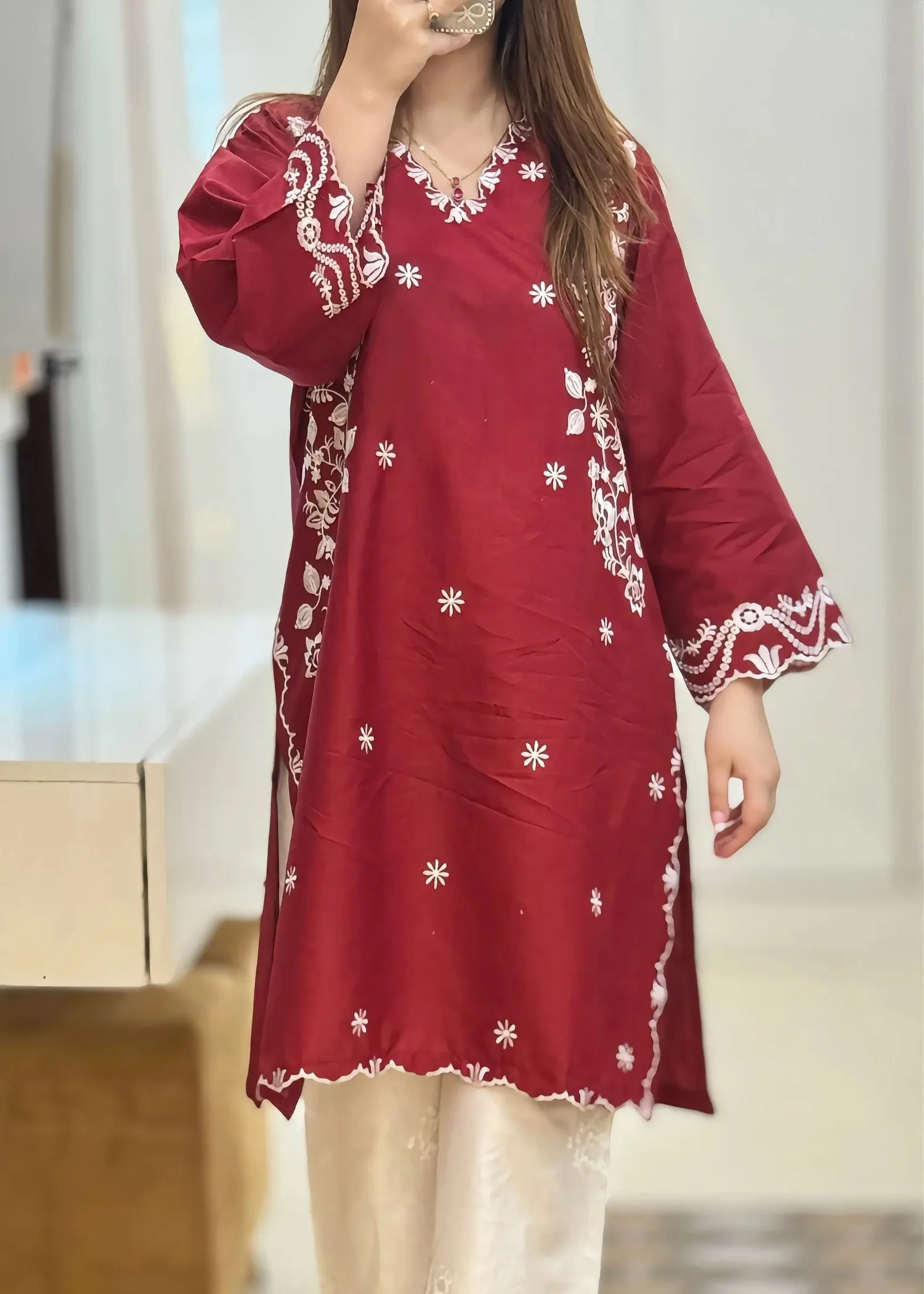 lawn Kurta Set in Maroon - view 3