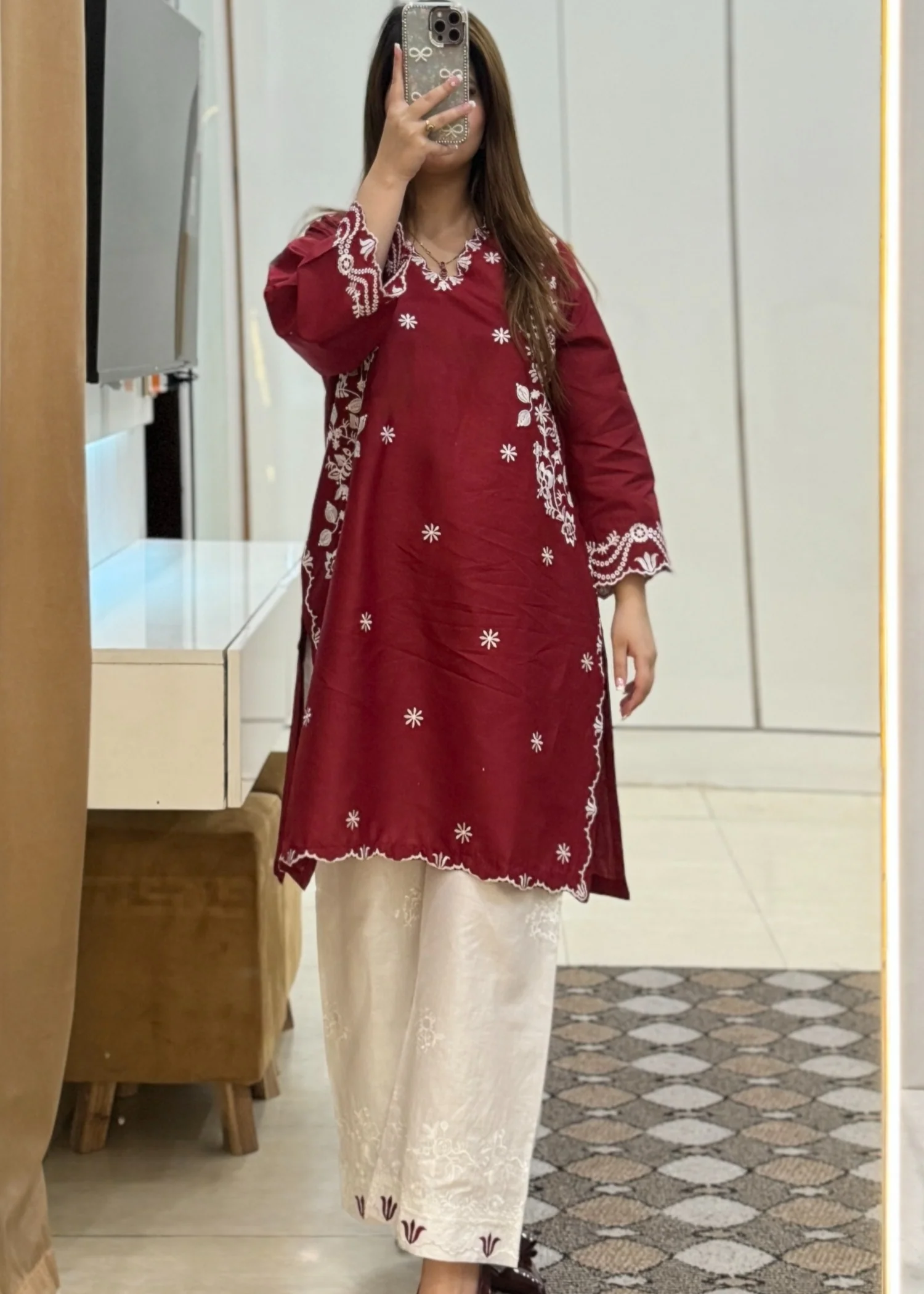 lawn Kurta Set in Maroon