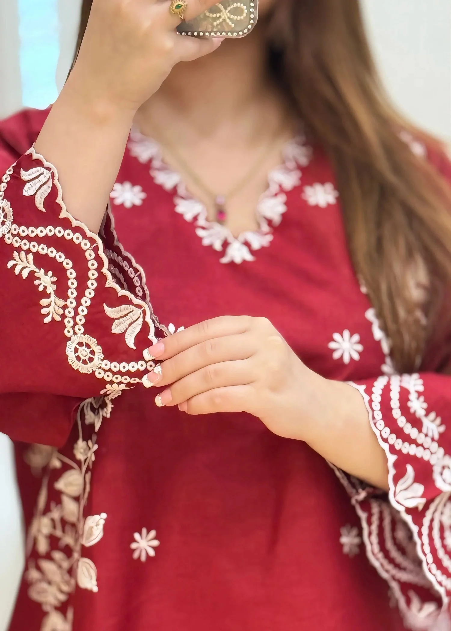 lawn Kurta Set in Maroon - view 8