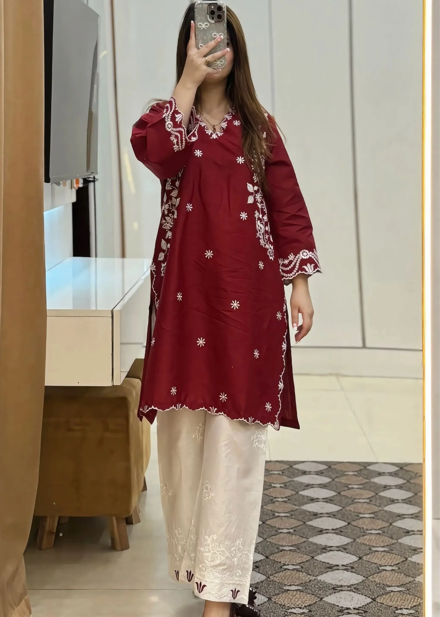 lawn Kurta Set in Maroon - view 4