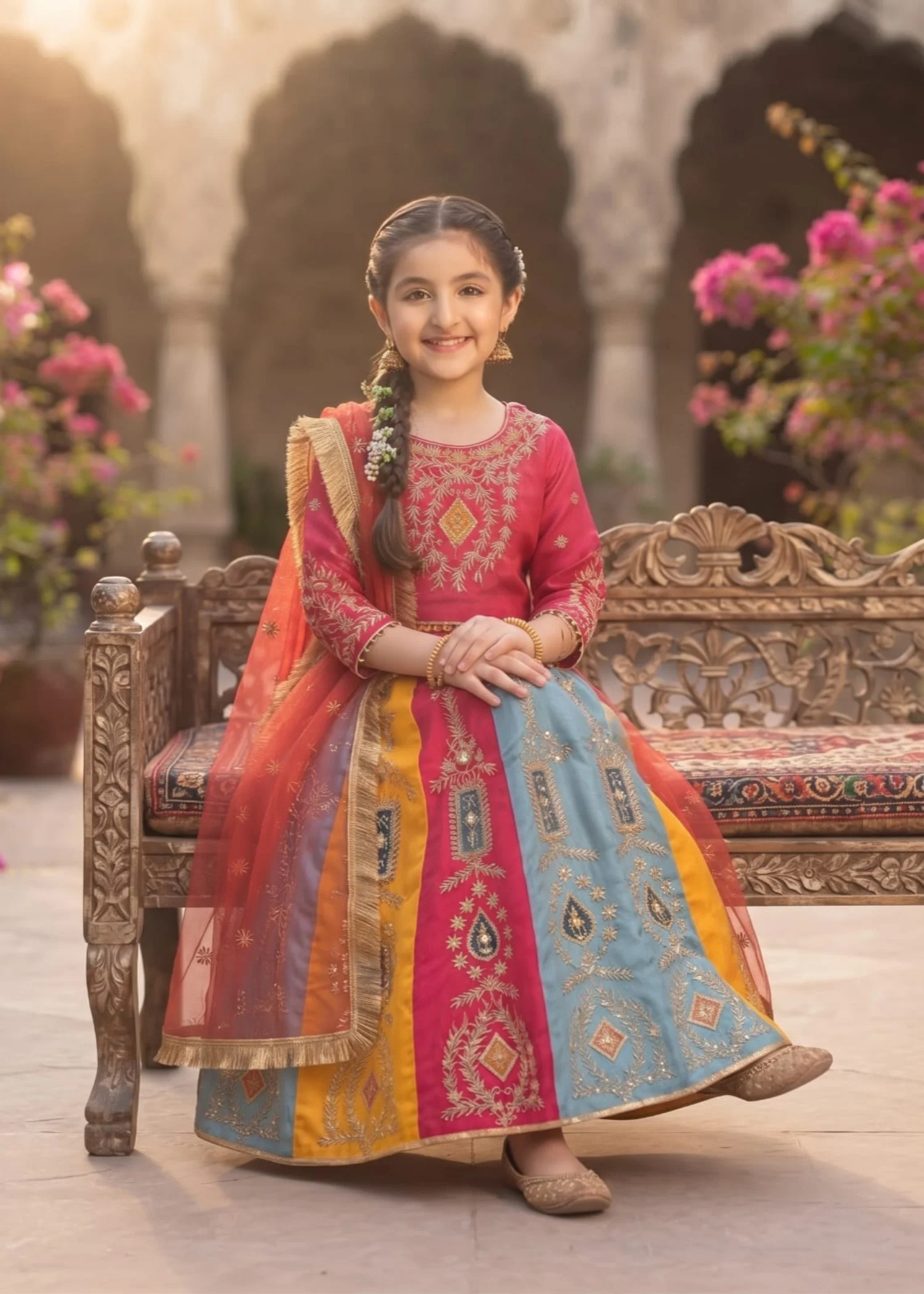 raw silk Lehenga in Hot pink, multi - view 3
