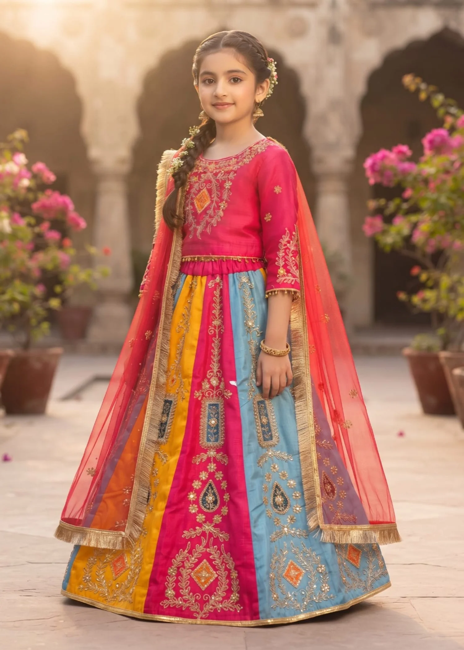 raw silk Lehenga in Hot pink, multi