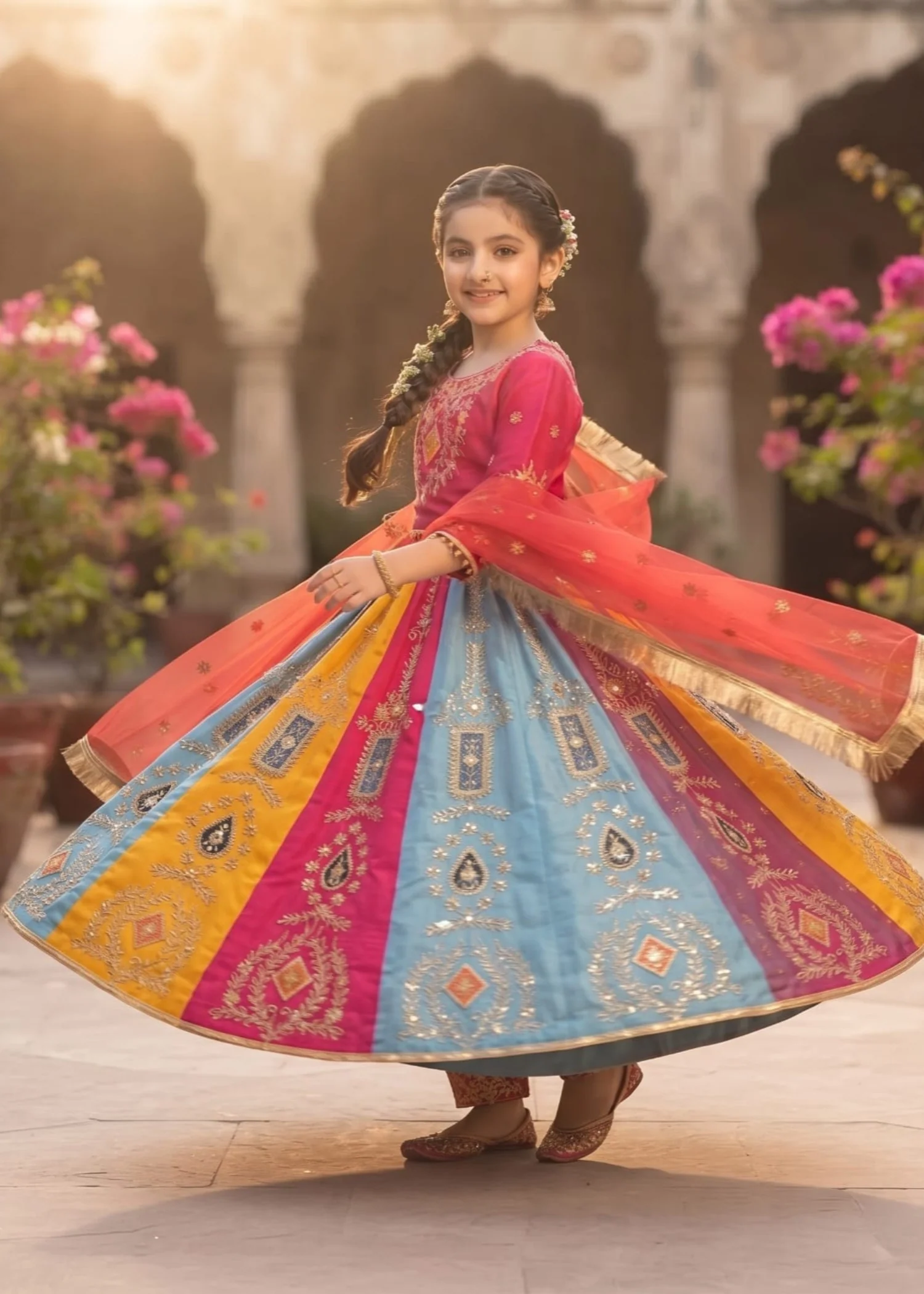 raw silk Lehenga in Hot pink, multi - view 2