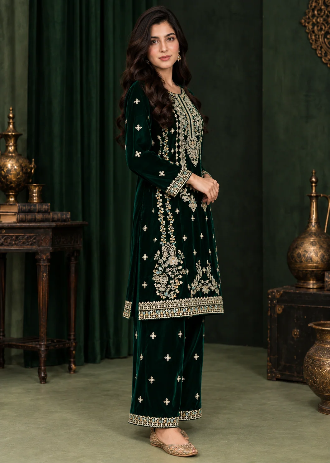 chinese micro velvet 9000 Kurta Set in Dark green - view 6