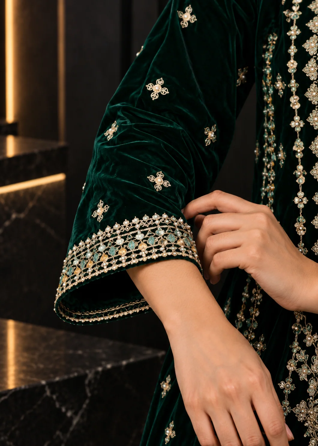 chinese micro velvet 9000 Kurta Set in Dark green - view 5