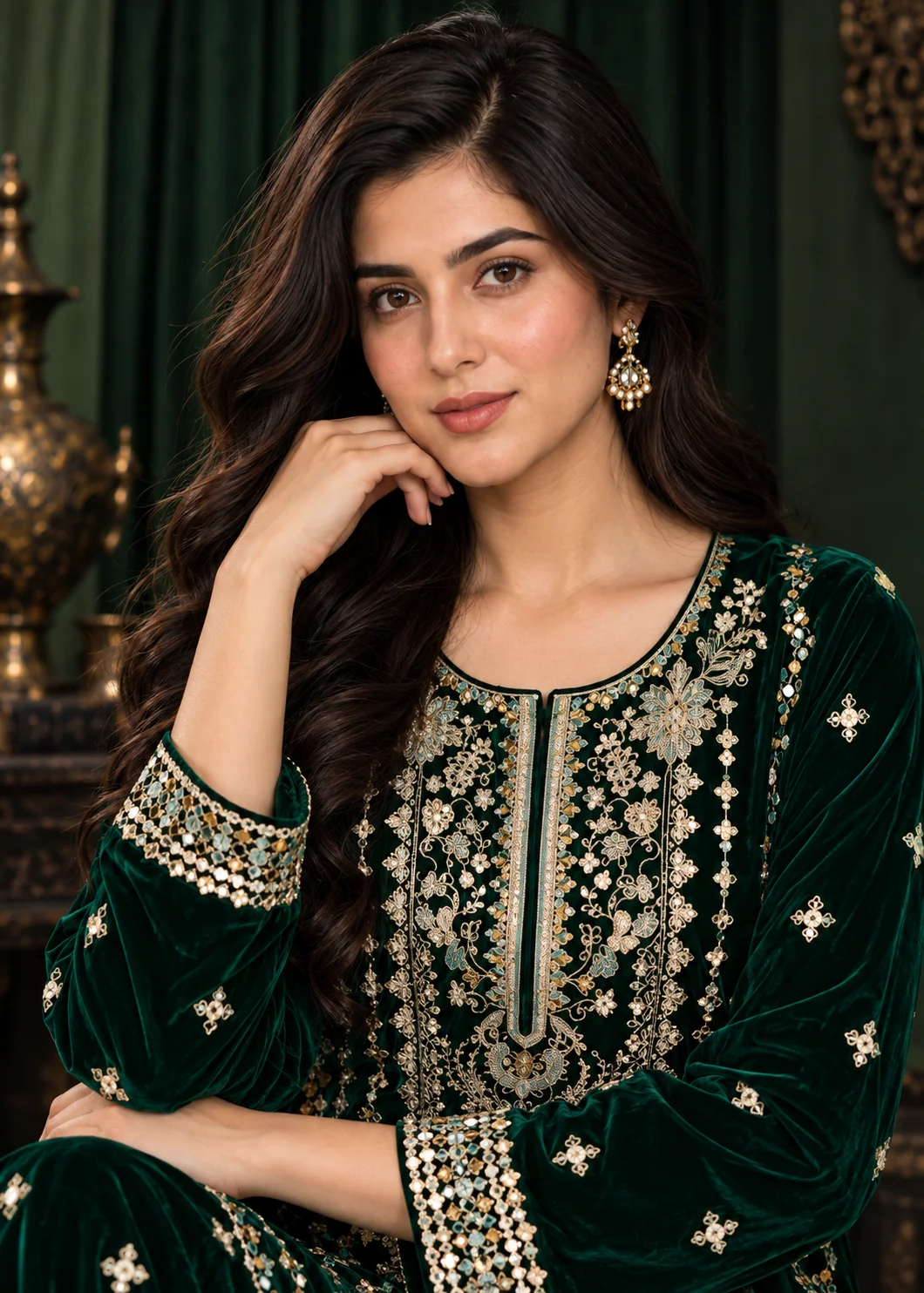 chinese micro velvet 9000 Kurta Set in Dark green - view 8