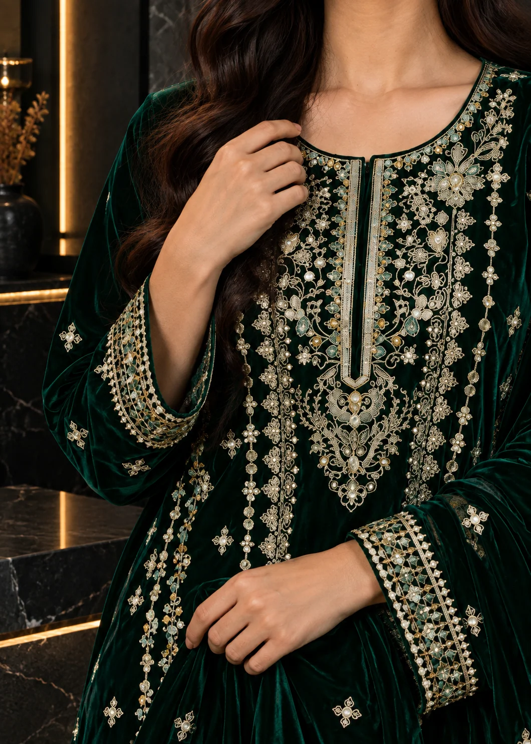 chinese micro velvet 9000 Kurta Set in Dark green - view 7