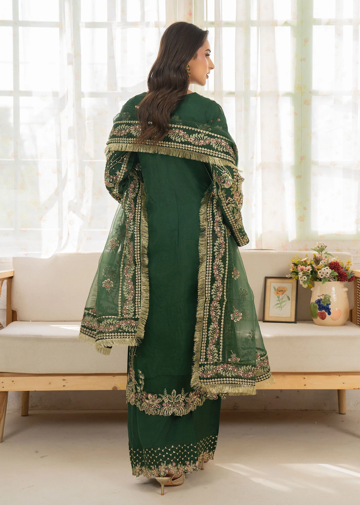 organza Kurta Set in Emerald green - view 3
