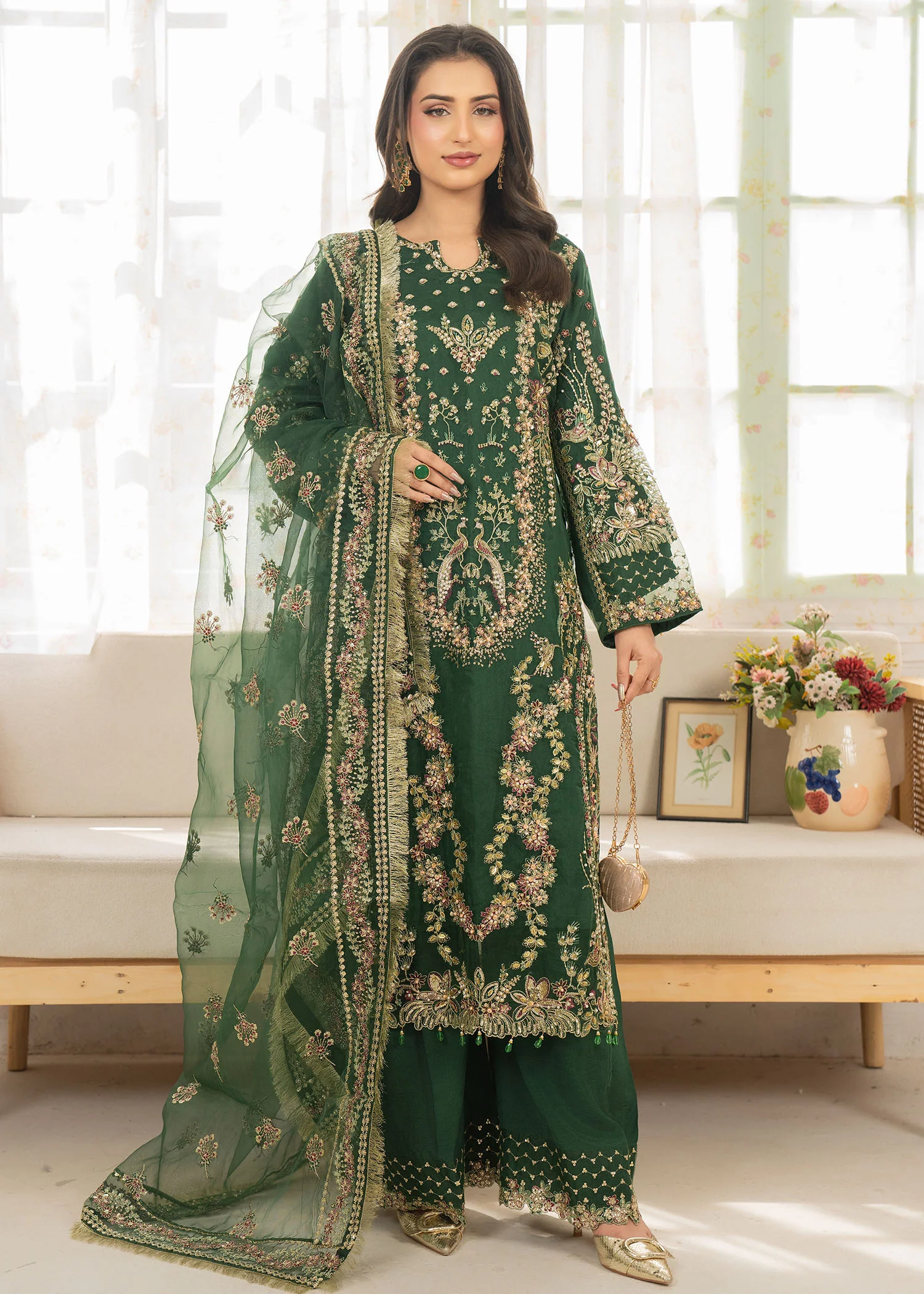 organza Kurta Set in Emerald green - view 2