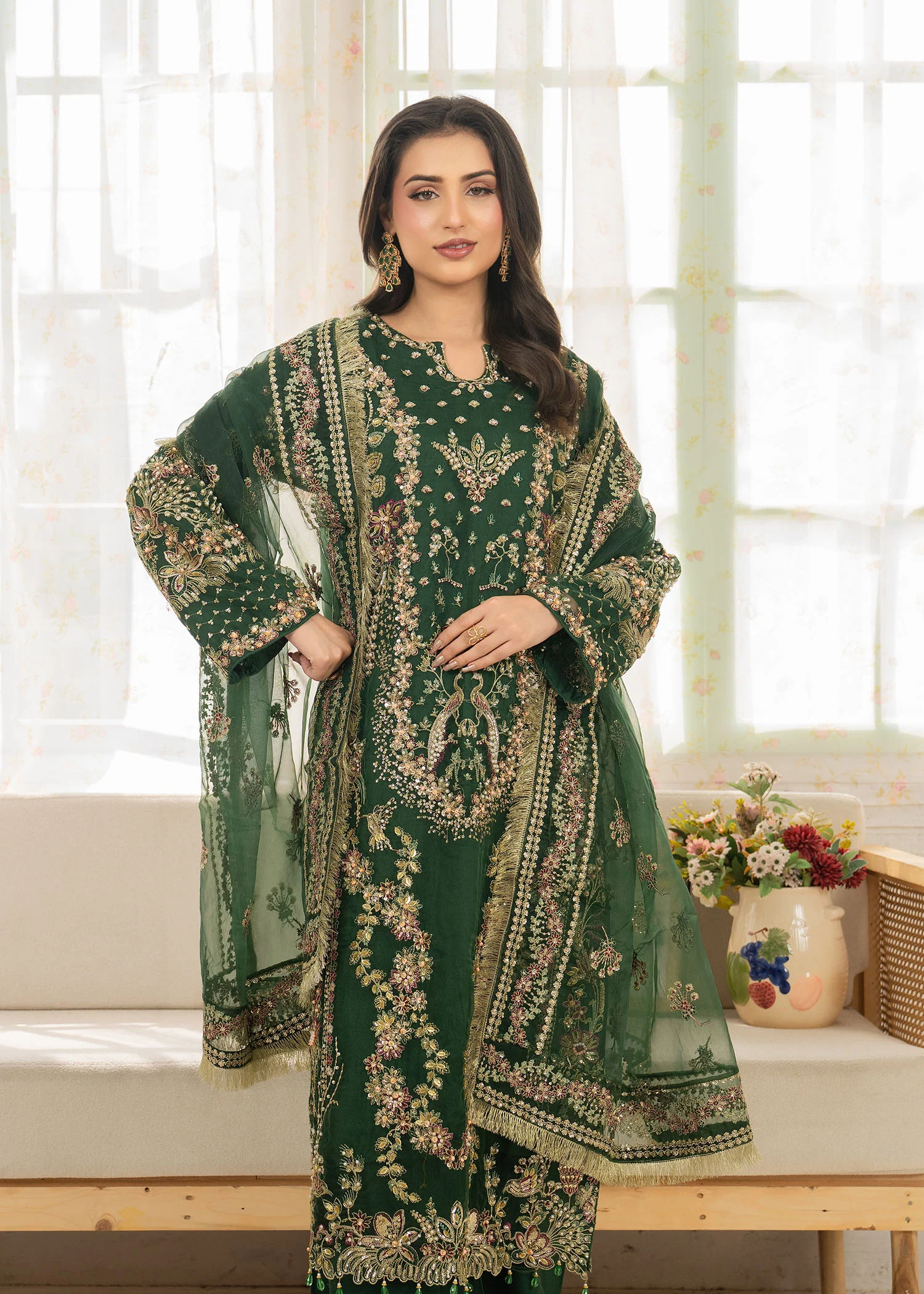 organza Kurta Set in Emerald green - view 6