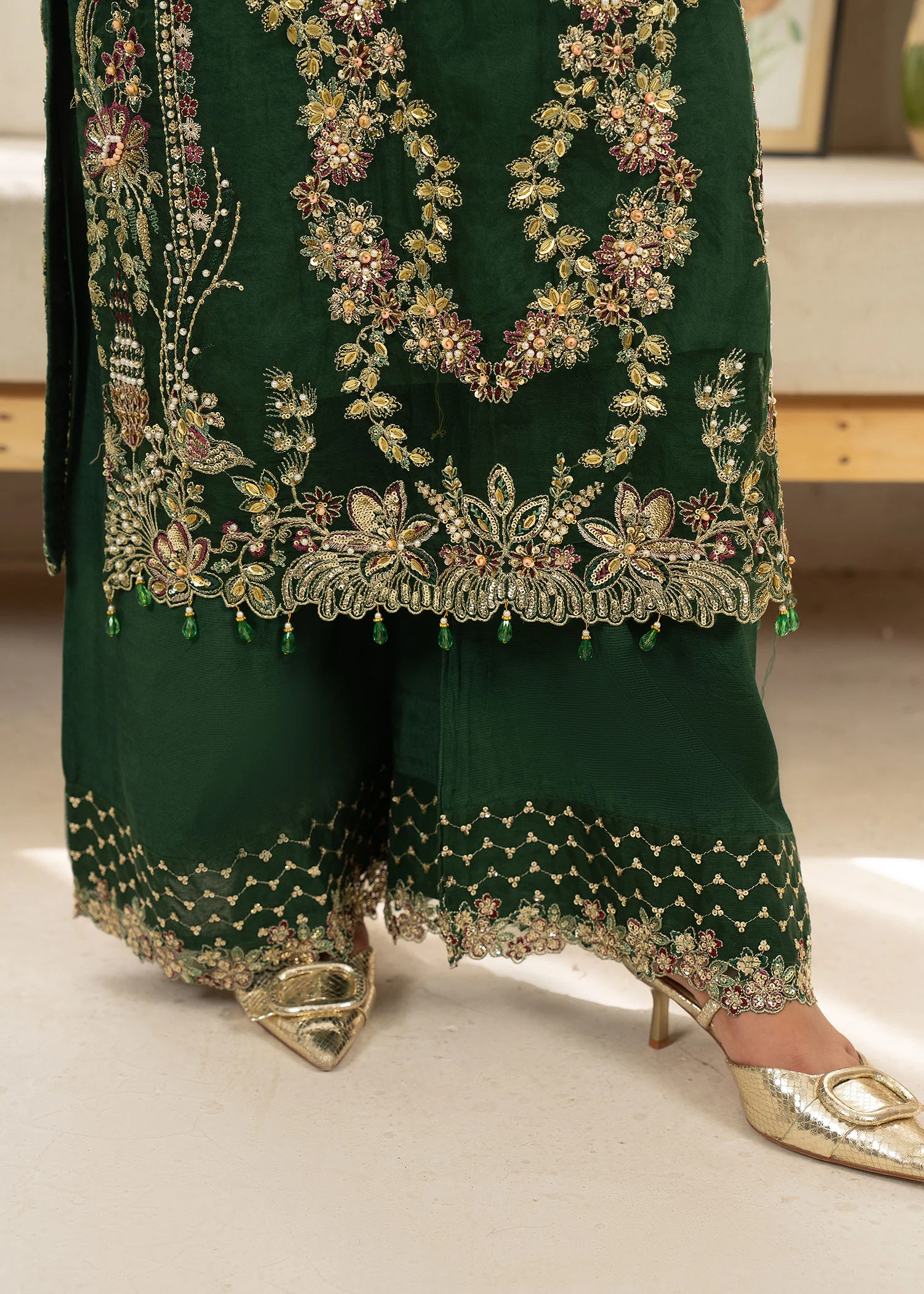 organza Kurta Set in Emerald green - view 8