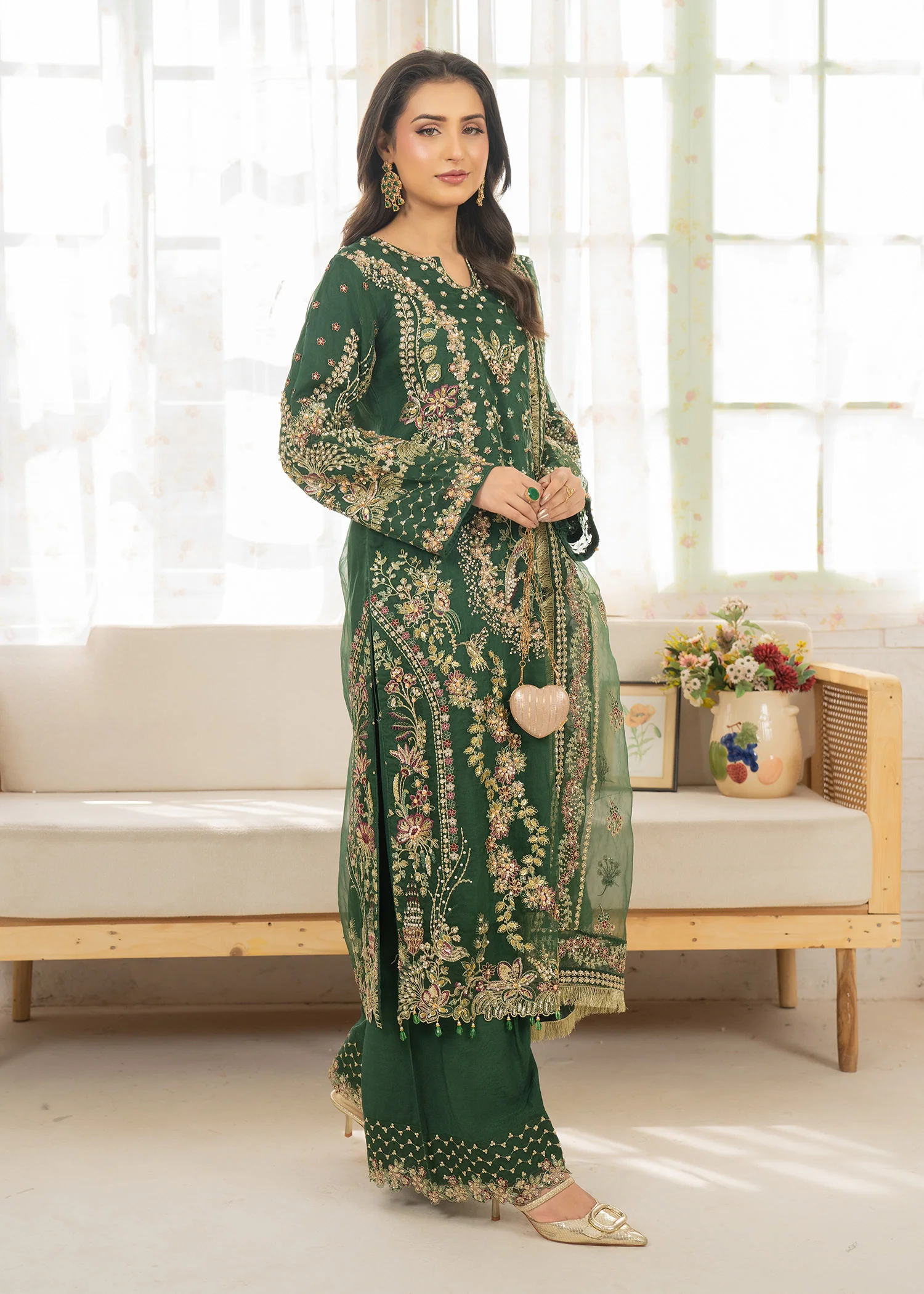 organza Kurta Set in Emerald green - view 4