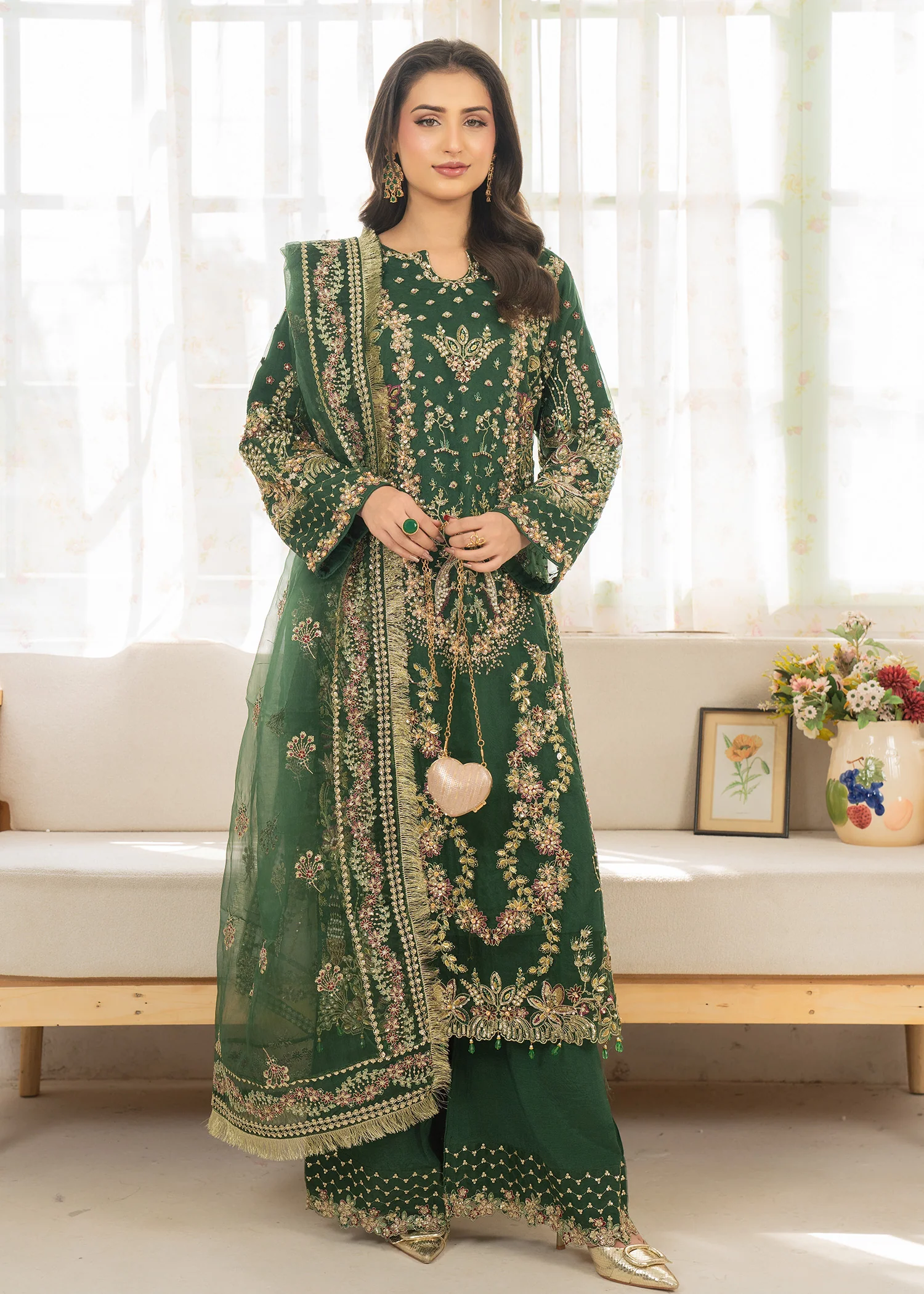 organza Kurta Set in Emerald green