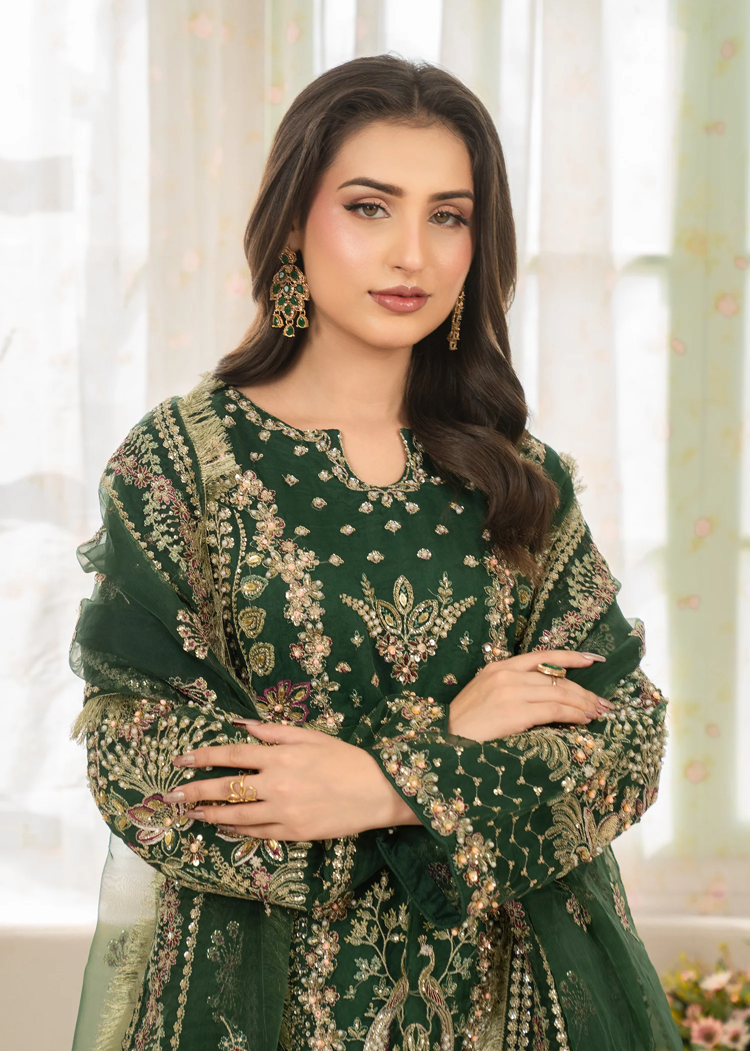 organza Kurta Set in Emerald green - view 5