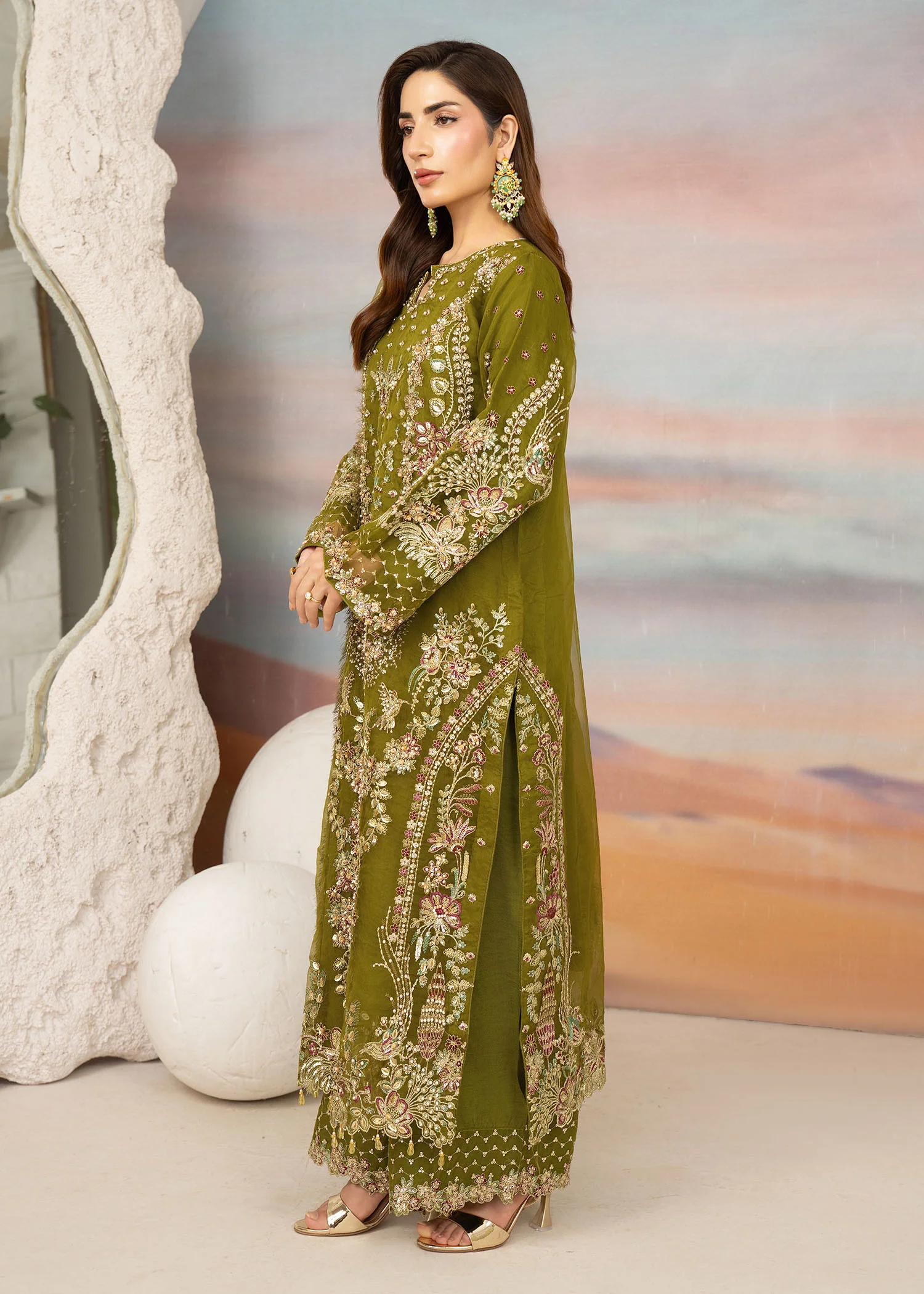 organza Kurta Set in Olive green - view 6