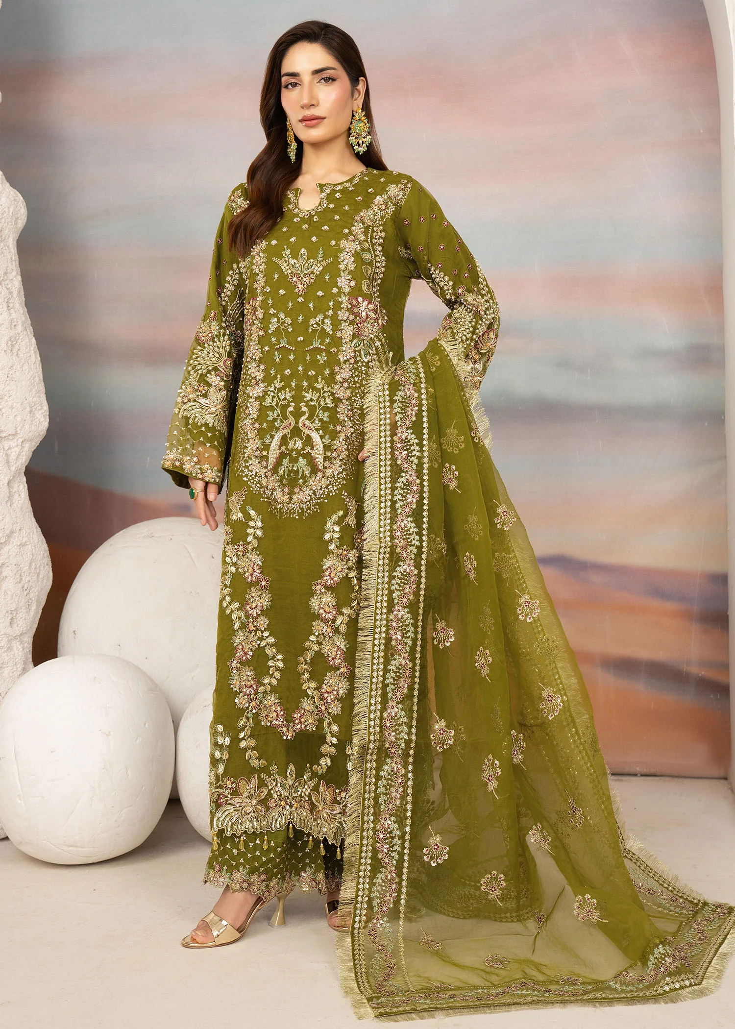 organza Kurta Set in Olive green