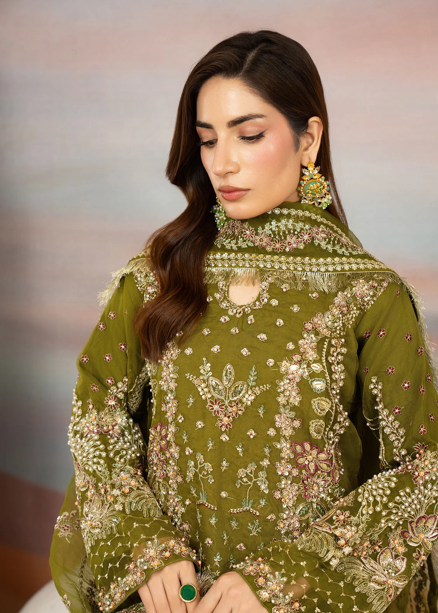 organza Kurta Set in Olive green - view 7