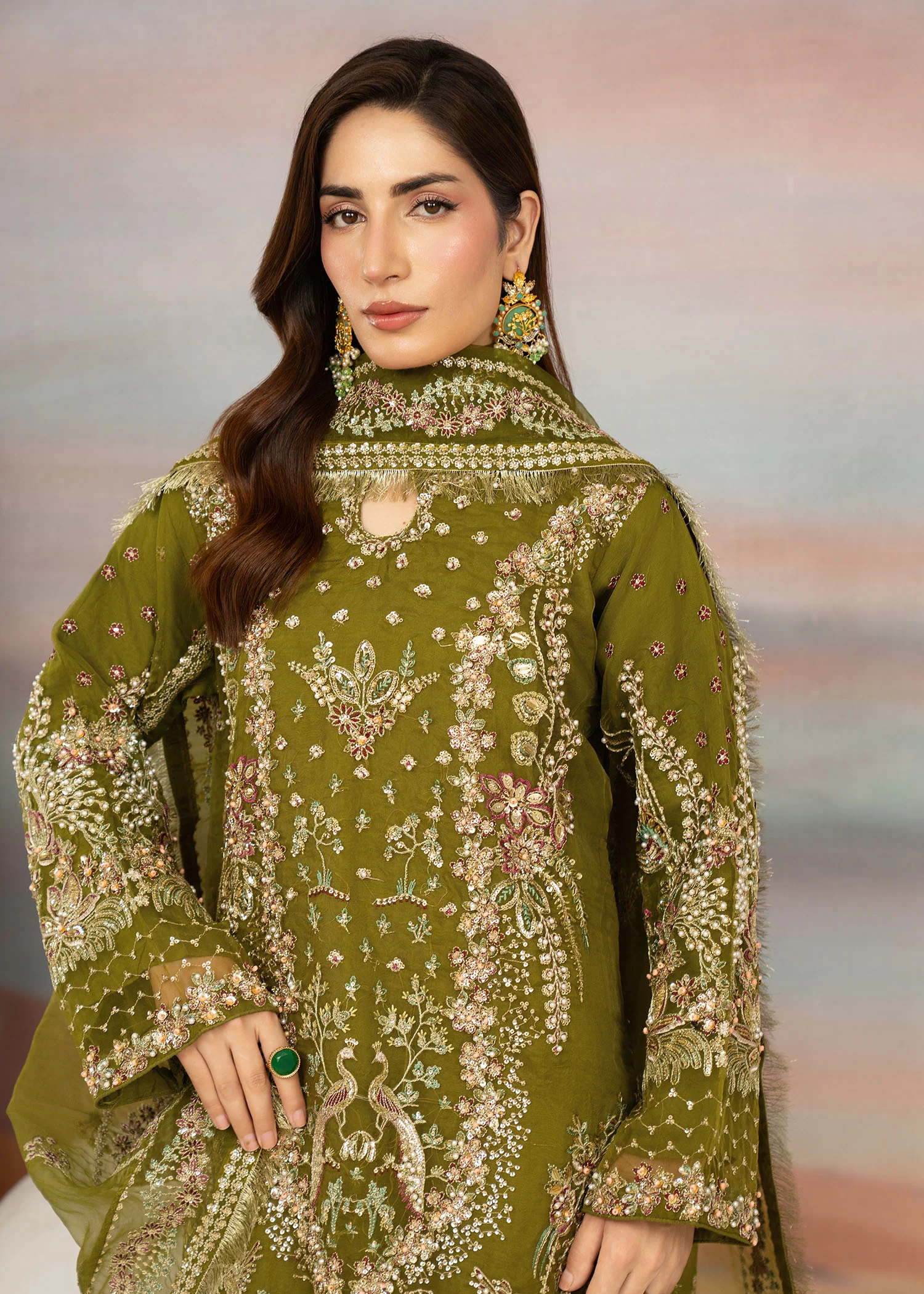 organza Kurta Set in Olive green - view 5